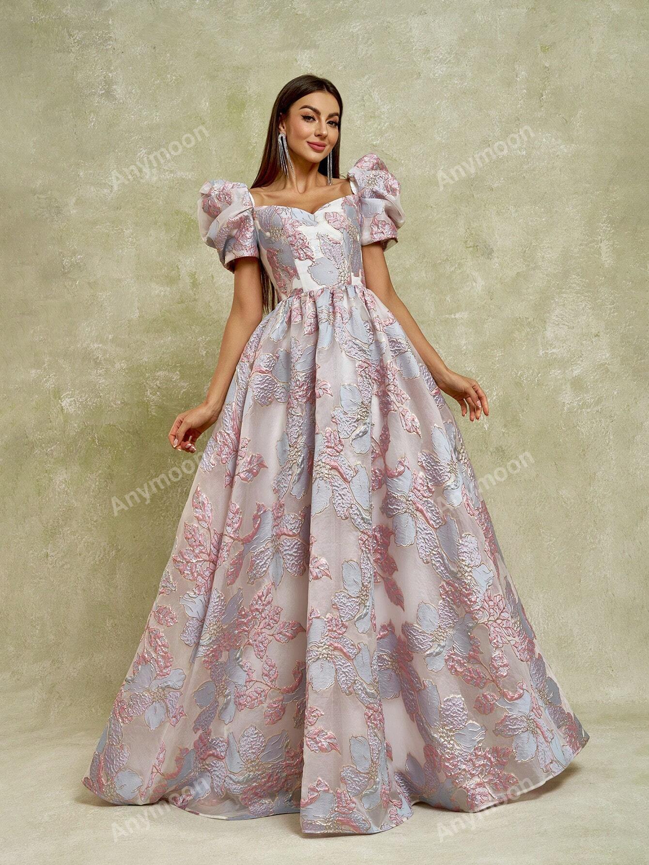 Anymoon Puff Sleeve Off Shoulder Shiny 3D Floral Jacquard Women's Formal Evening Dress