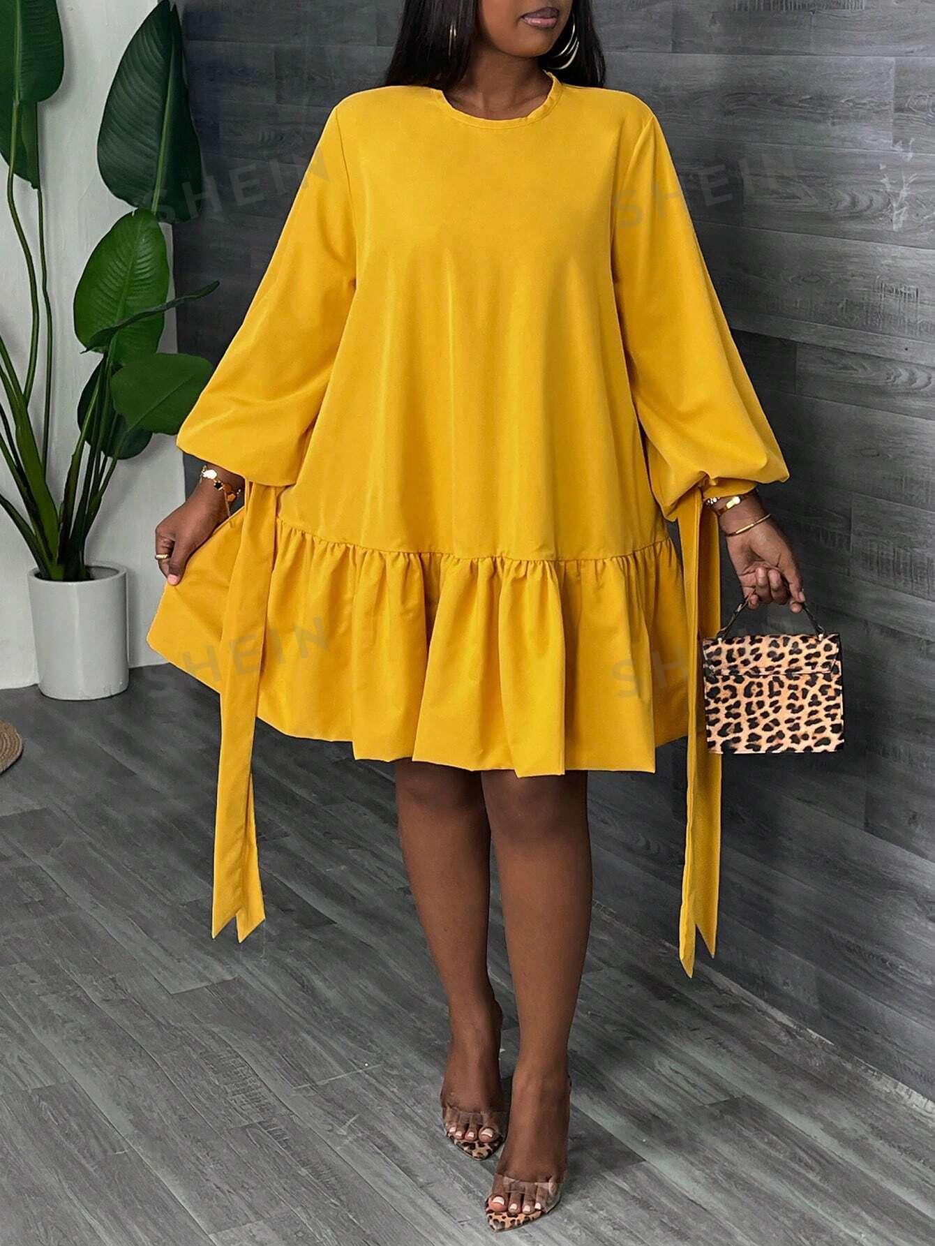 Slayr PLUS Elegant & Vacation & Party Super Loose Clean Yellow Long Sleeve Dress With Tie Cuffs And Double-Layered Ruffle Hem, Thin Fabric, Women's Plus Size Mini Dress, Spring & Autumn - Z