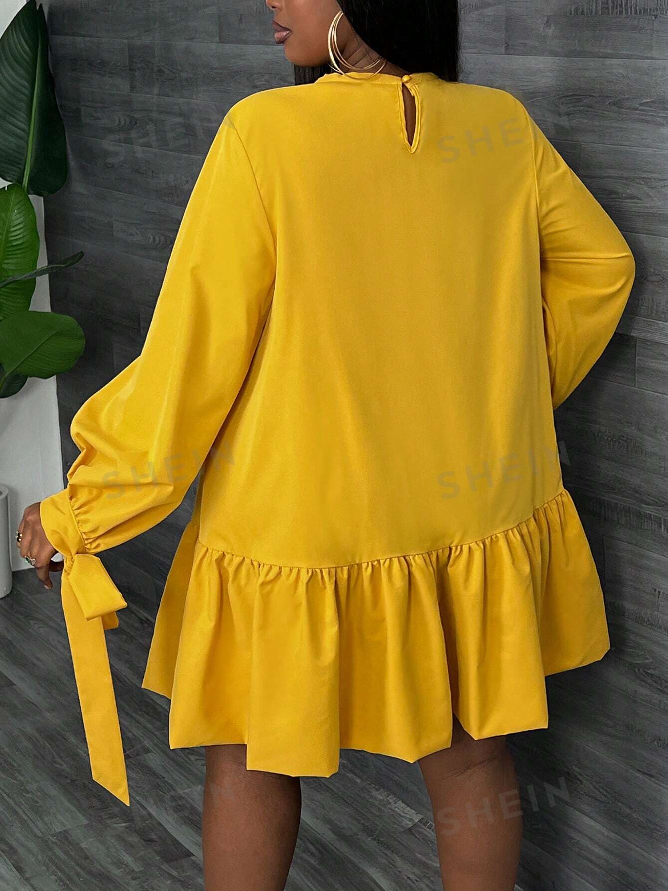 Slayr PLUS Elegant & Vacation & Party Super Loose Clean Yellow Long Sleeve Dress With Tie Cuffs And Double-Layered Ruffle Hem, Thin Fabric, Women's Plus Size Mini Dress, Spring & Autumn - Z