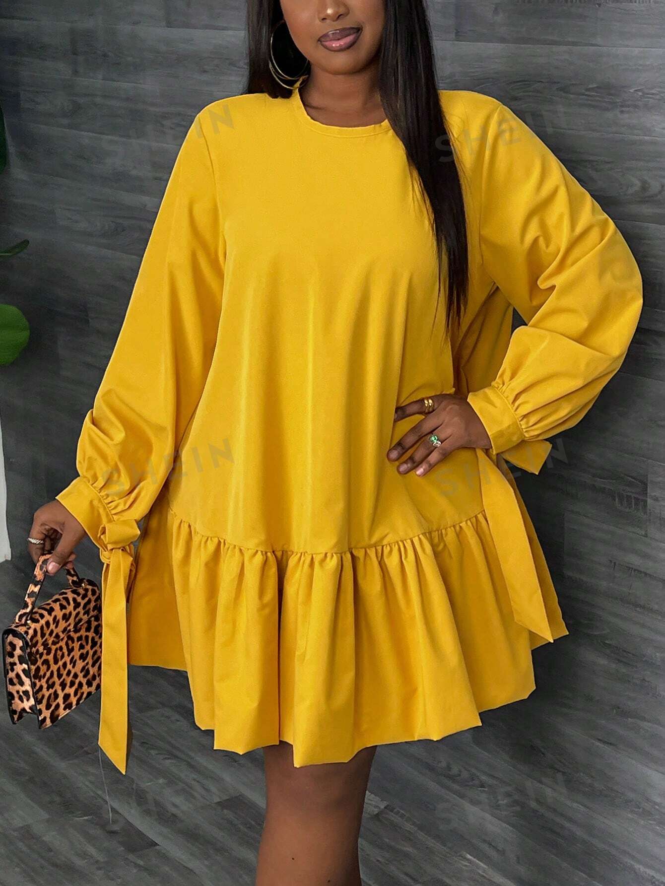 Slayr PLUS Elegant & Vacation & Party Super Loose Clean Yellow Long Sleeve Dress With Tie Cuffs And Double-Layered Ruffle Hem, Thin Fabric, Women's Plus Size Mini Dress, Spring & Autumn - Z