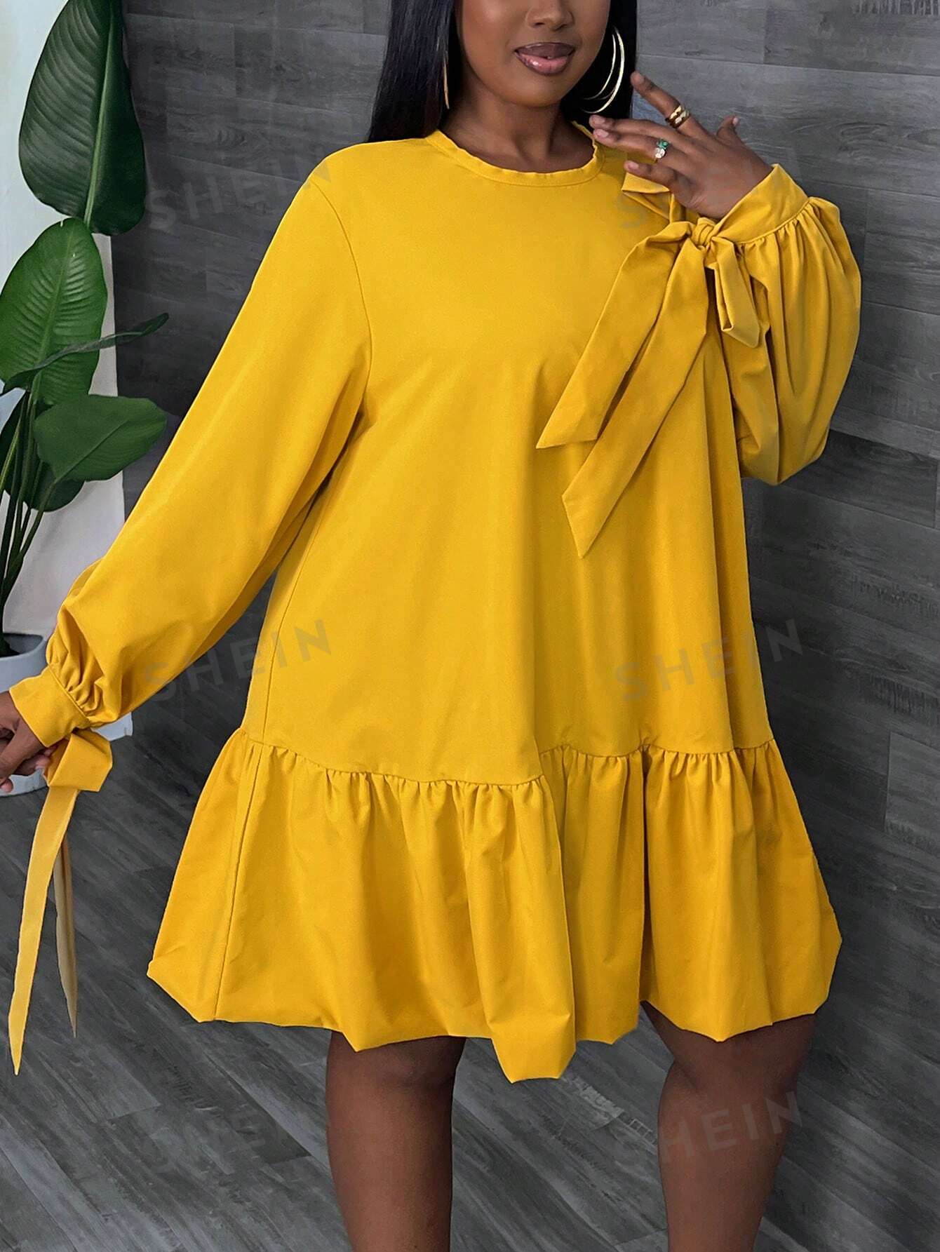 Slayr PLUS Elegant & Vacation & Party Super Loose Clean Yellow Long Sleeve Dress With Tie Cuffs And Double-Layered Ruffle Hem, Thin Fabric, Women's Plus Size Mini Dress, Spring & Autumn - Z