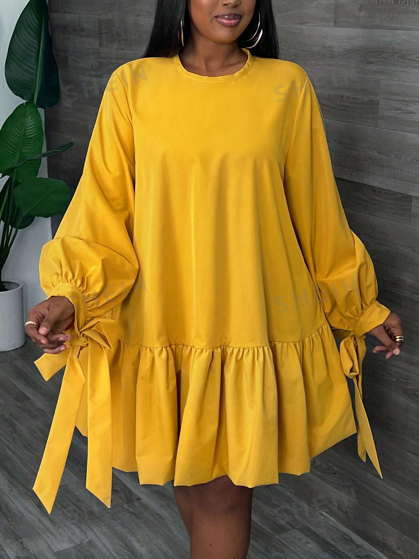 Slayr PLUS Elegant & Vacation & Party Super Loose Clean Yellow Long Sleeve Dress With Tie Cuffs And Double-Layered Ruffle Hem, Thin Fabric, Women's Plus Size Mini Dress, Spring & Autumn - Z