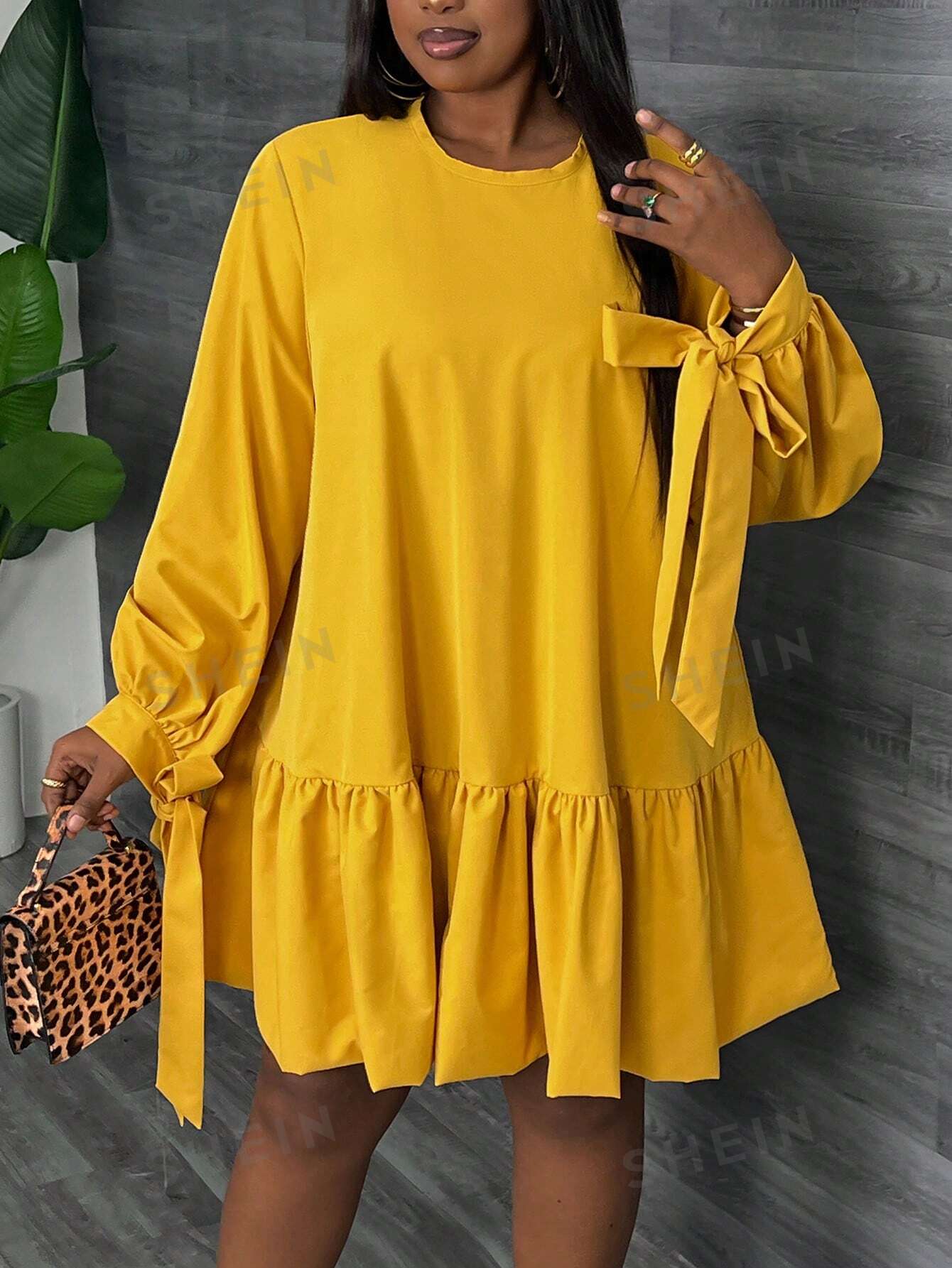 Slayr PLUS Elegant & Vacation & Party Super Loose Clean Yellow Long Sleeve Dress With Tie Cuffs And Double-Layered Ruffle Hem, Thin Fabric, Women's Plus Size Mini Dress, Spring & Autumn - Z