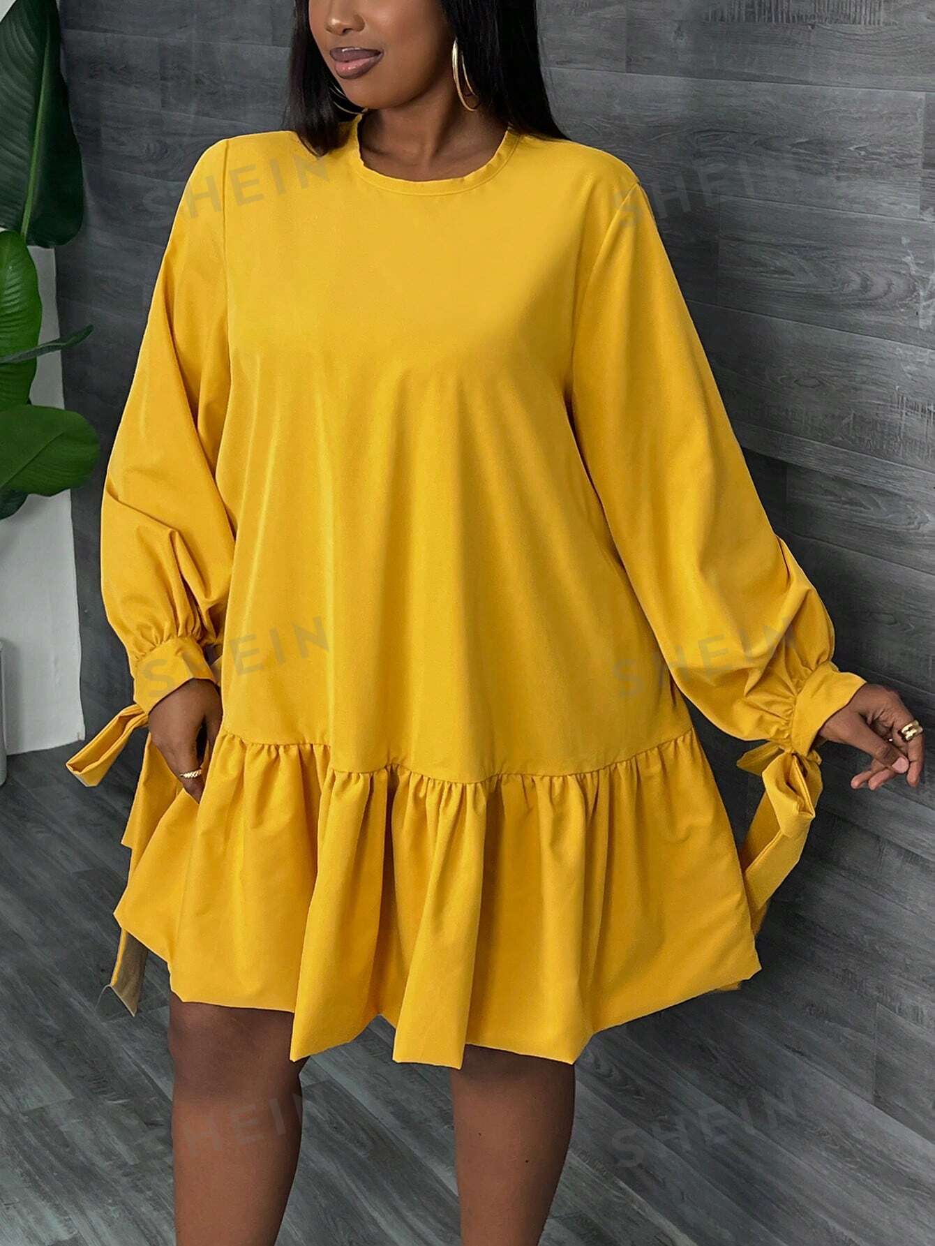 Slayr PLUS Elegant & Vacation & Party Super Loose Clean Yellow Long Sleeve Dress With Tie Cuffs And Double-Layered Ruffle Hem, Thin Fabric, Women's Plus Size Mini Dress, Spring & Autumn - Z