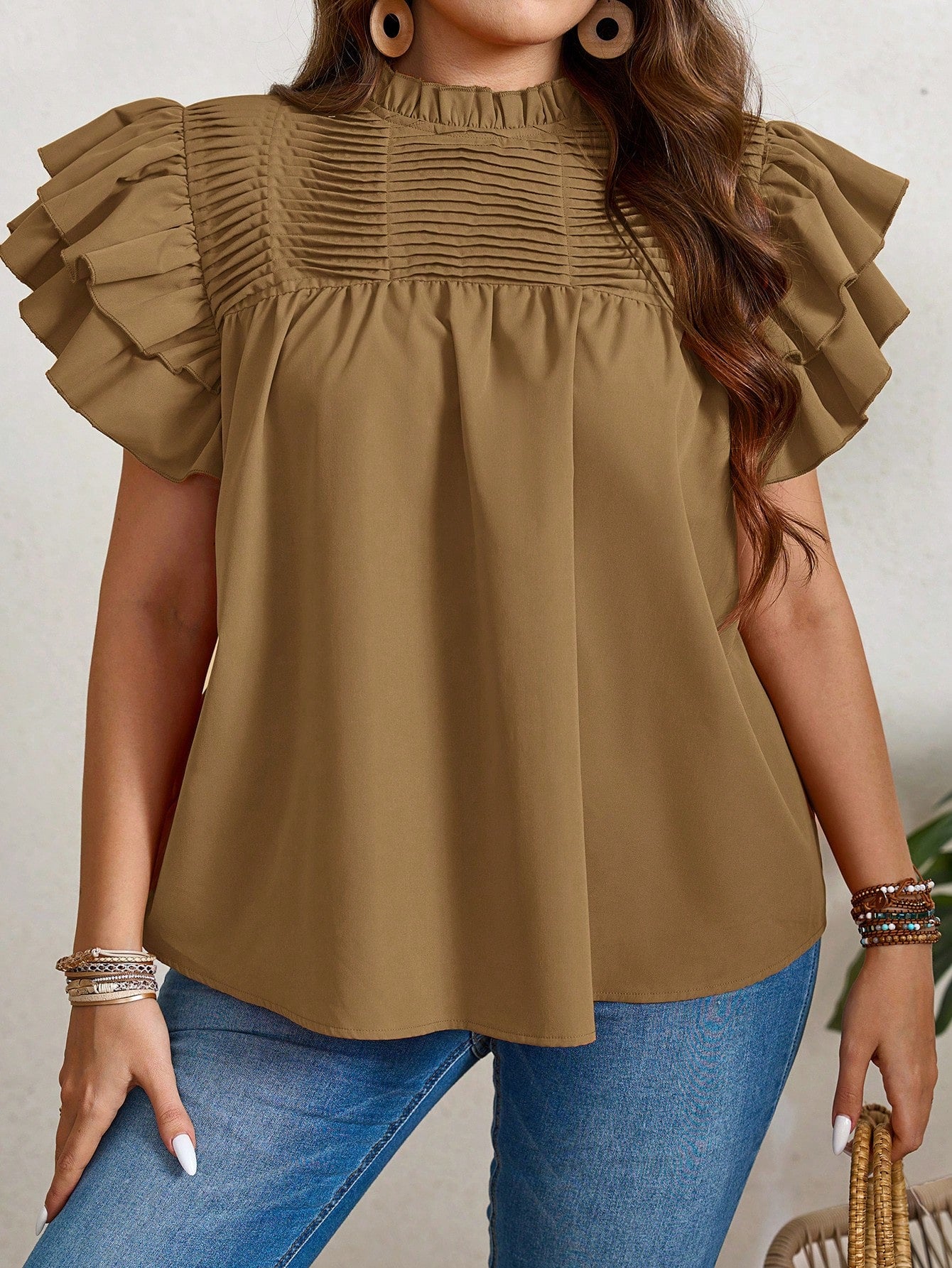 LUNE Plus Size Summer Casual Double Layered Orange Shirt With Ruffle Sleeves