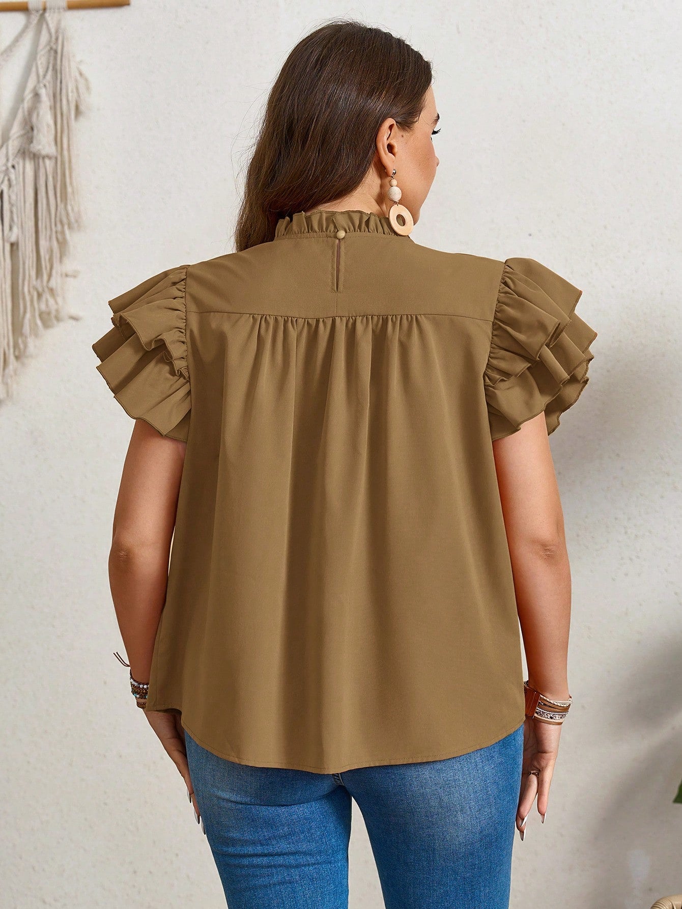 LUNE Plus Size Summer Casual Double Layered Orange Shirt With Ruffle Sleeves