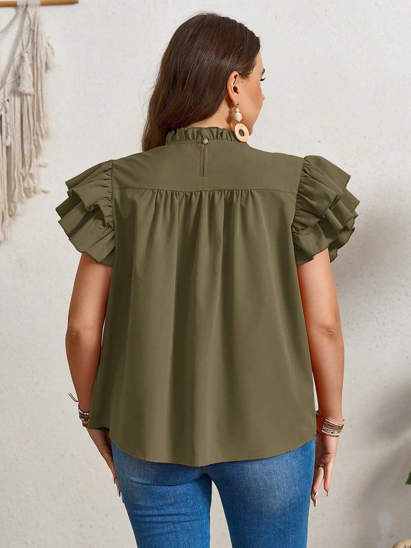 LUNE Plus Size Summer Casual Double Layered Orange Shirt With Ruffle Sleeves