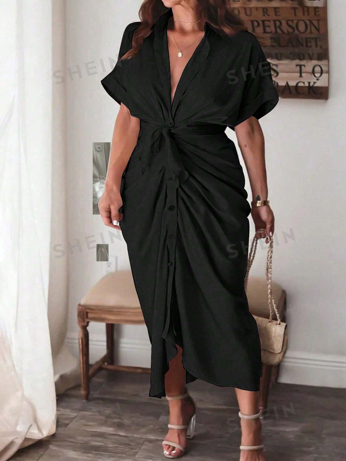 Privé Plus Size Solid Color Pleat Hem Shirt Dress