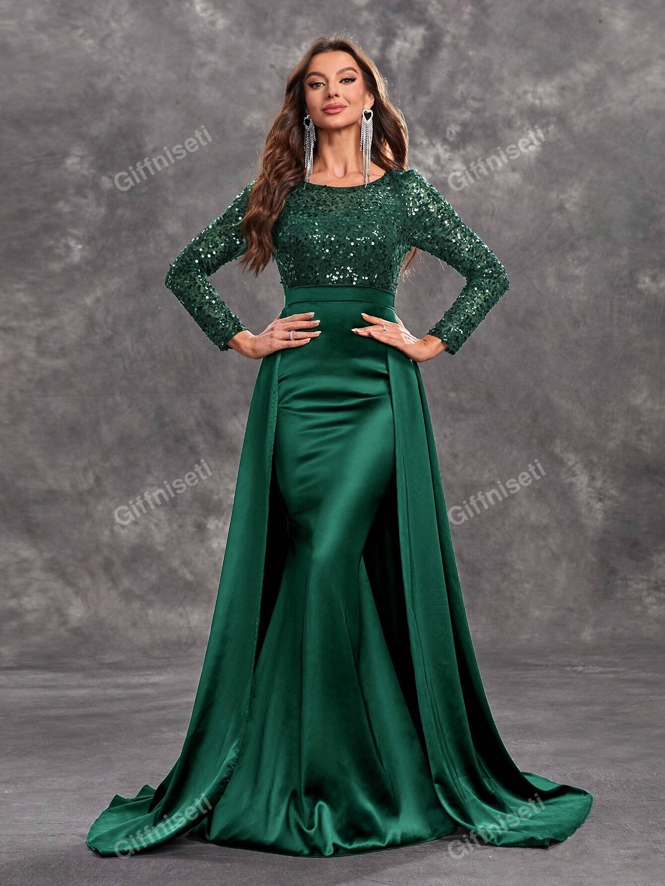 Giffniseti Women's Glittery Splice Long Sleeve Round Neck Mermaid Hem Trail Sexy Elegant Evening Dress