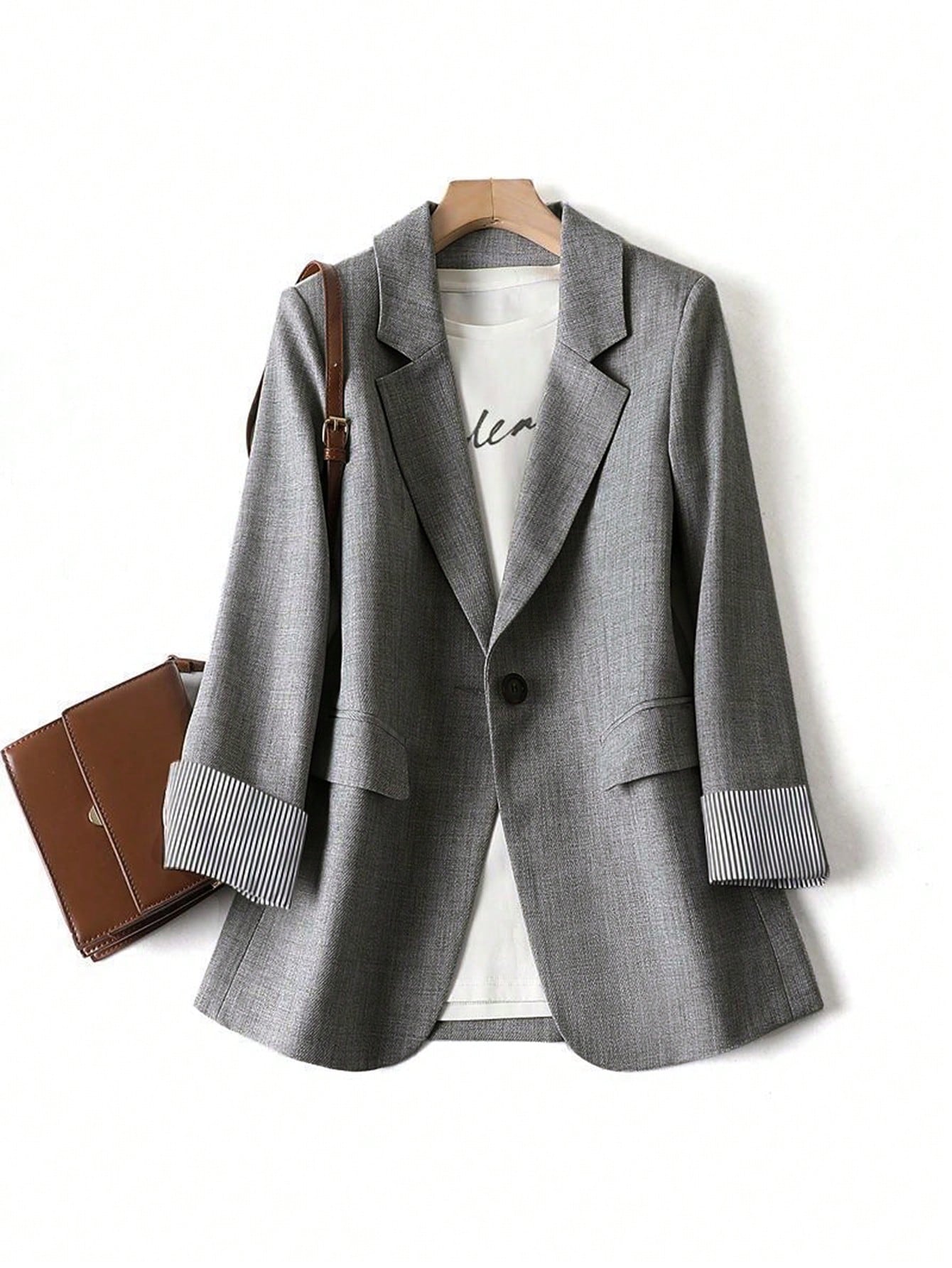 LUNE Grey Striped Patchwork Long Sleeve Lapel Women's Blazer