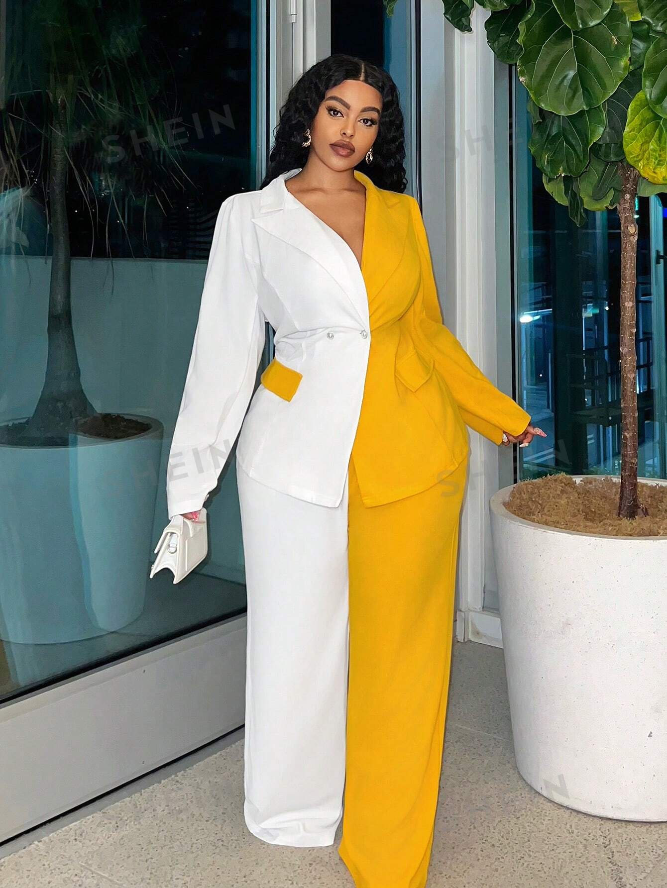 Slayr Elegant & Commuting & Party - White And Yellow Joint Regular Suit Jacket And Straight-Leg Pants Women's Plus Size Suit Set, Autumn-Winter Z