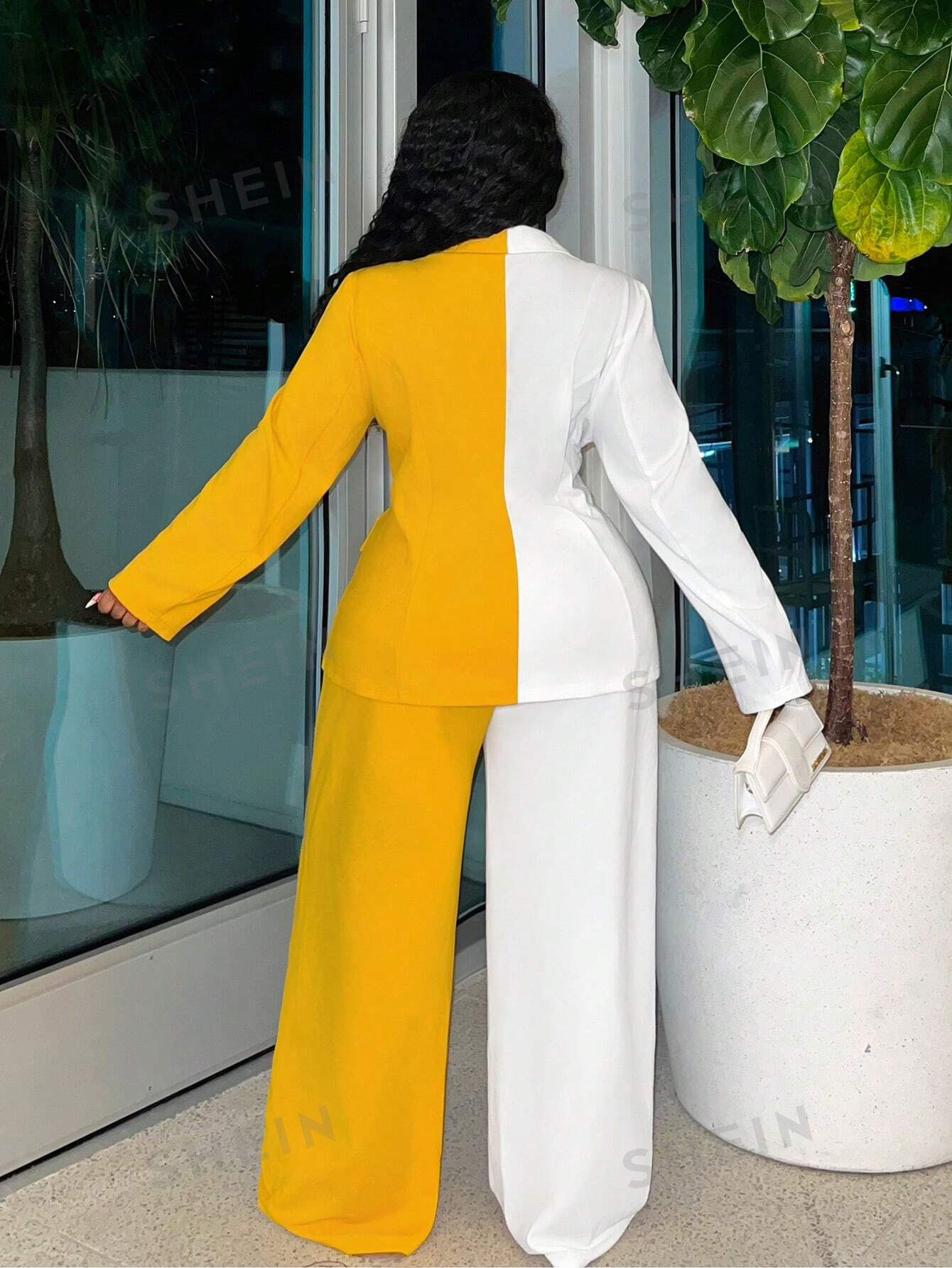 Slayr Elegant & Commuting & Party - White And Yellow Joint Regular Suit Jacket And Straight-Leg Pants Women's Plus Size Suit Set, Autumn-Winter Z