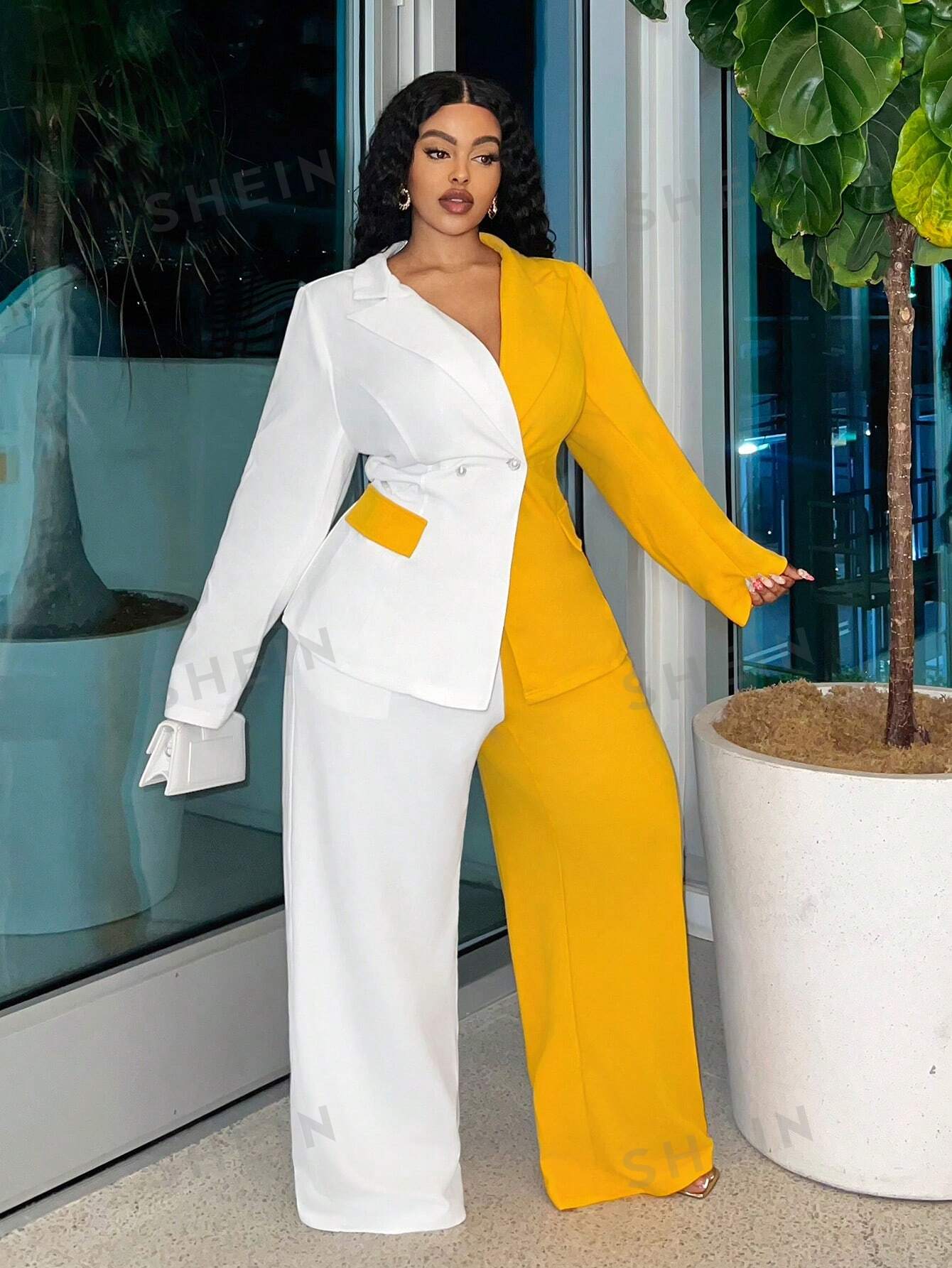 Slayr Elegant & Commuting & Party - White And Yellow Joint Regular Suit Jacket And Straight-Leg Pants Women's Plus Size Suit Set, Autumn-Winter Z