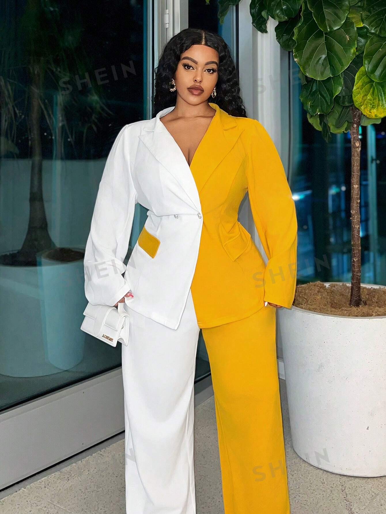 Slayr Elegant & Commuting & Party - White And Yellow Joint Regular Suit Jacket And Straight-Leg Pants Women's Plus Size Suit Set, Autumn-Winter Z