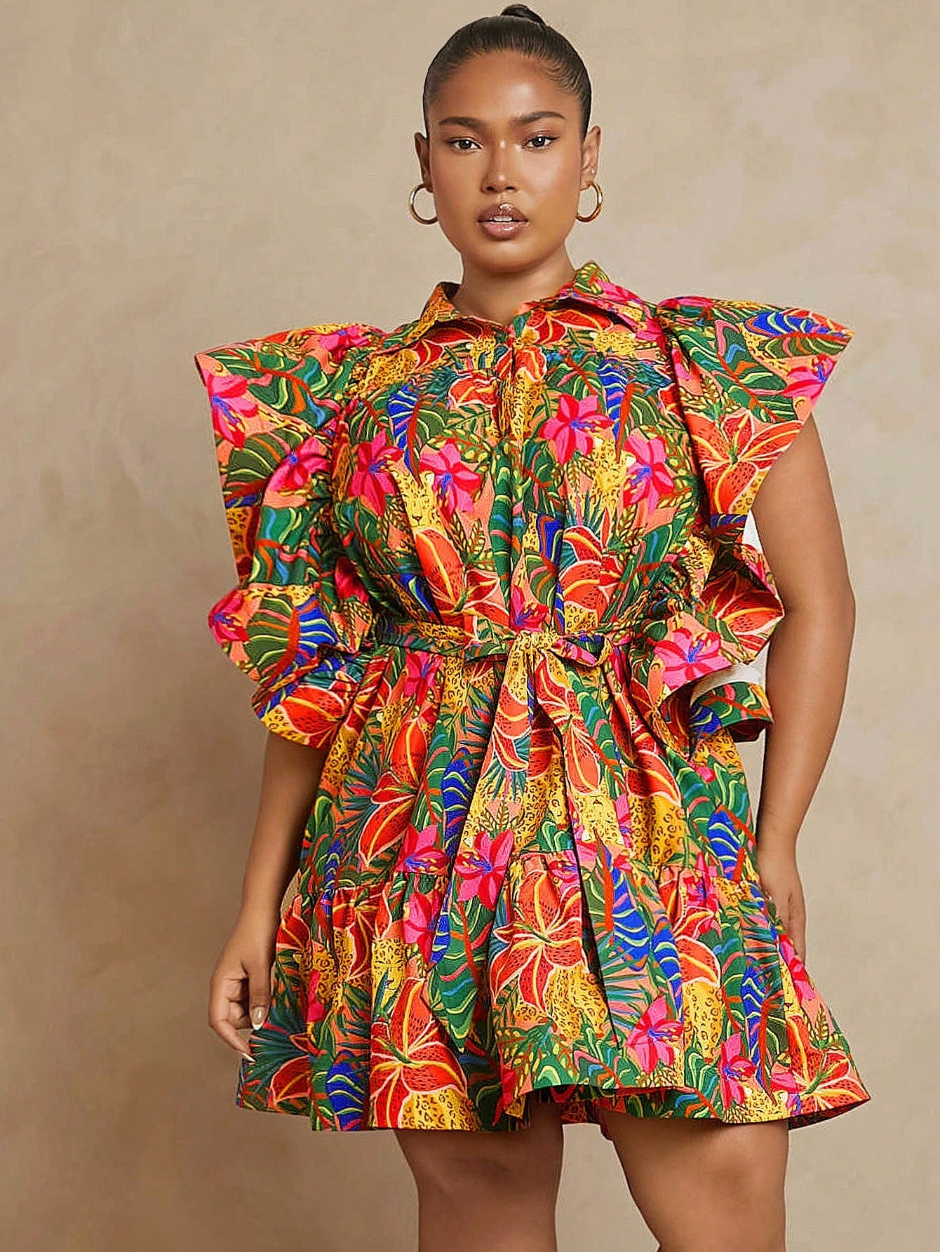 Haute Plus Tropical Print Puff Sleeve Dress