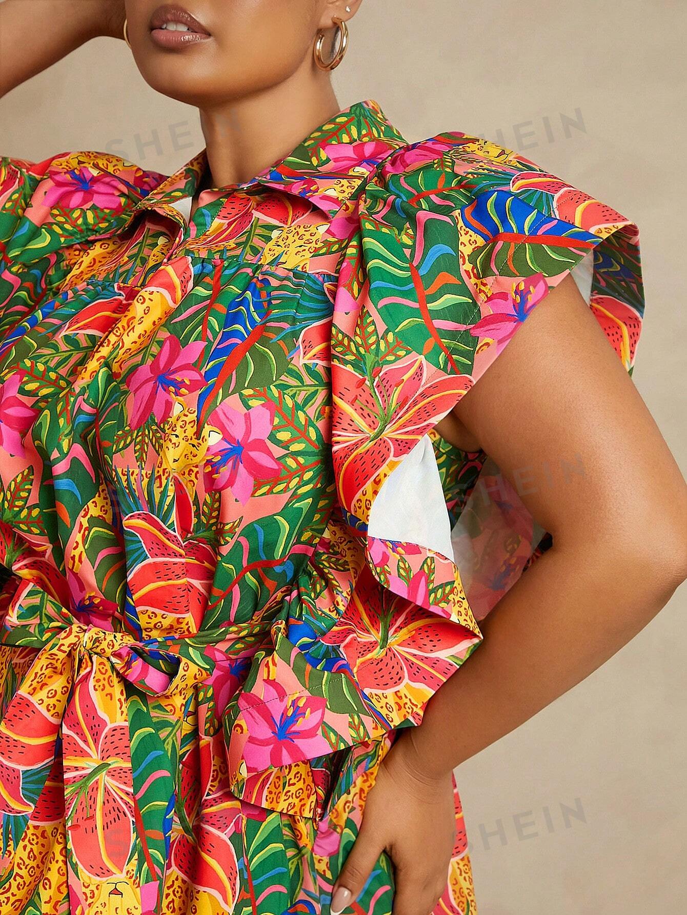 Haute Plus Tropical Print Puff Sleeve Dress