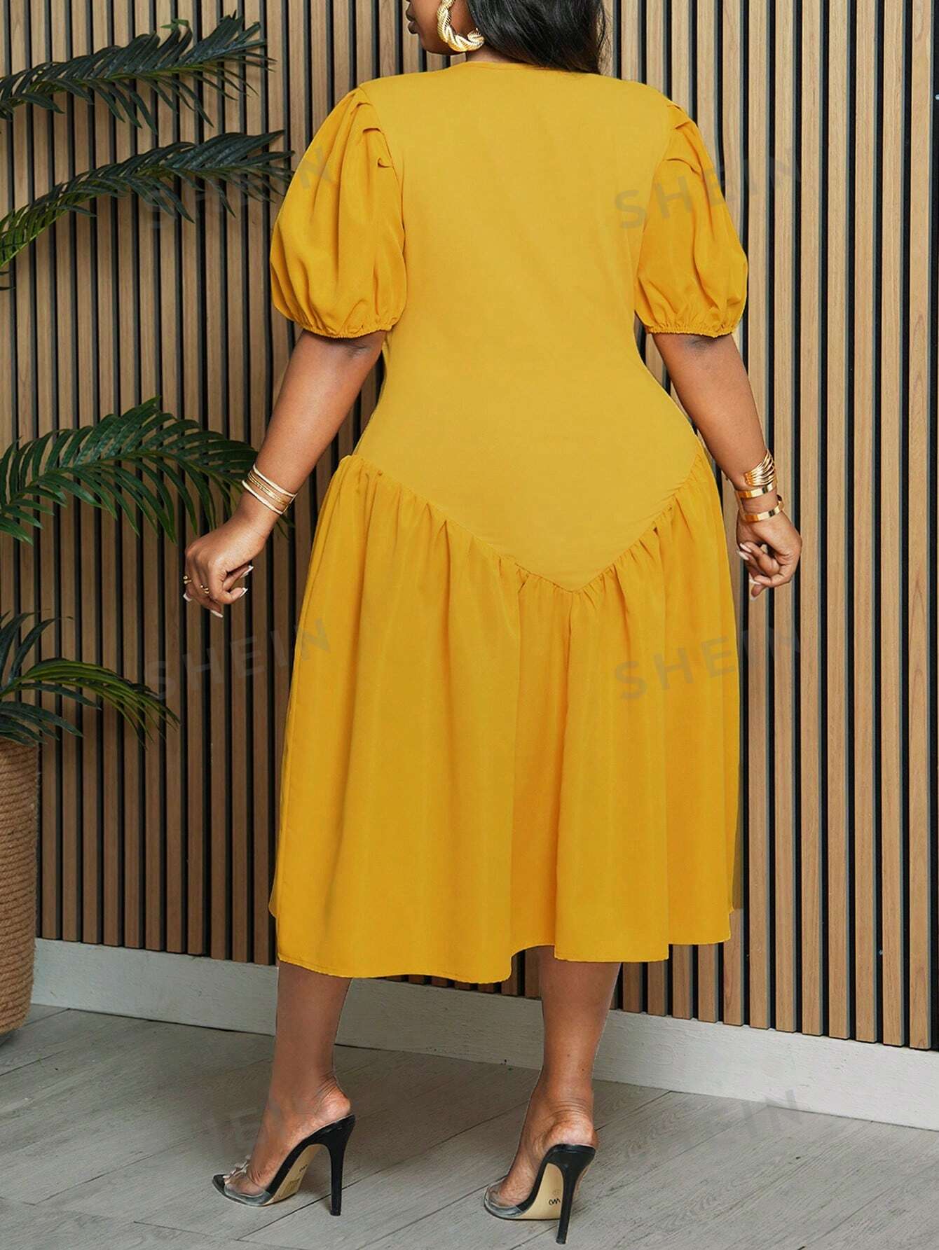 Slayr Elegant, Vacation & Party Ready Slim Cut Pure Yellow Lantern Sleeve T-Shirt With V-Neck & Ruffle Detailing, Knitted & Woven Fabric Mix, Mid-Length Plus Size Women's Dress, Spring & Summer