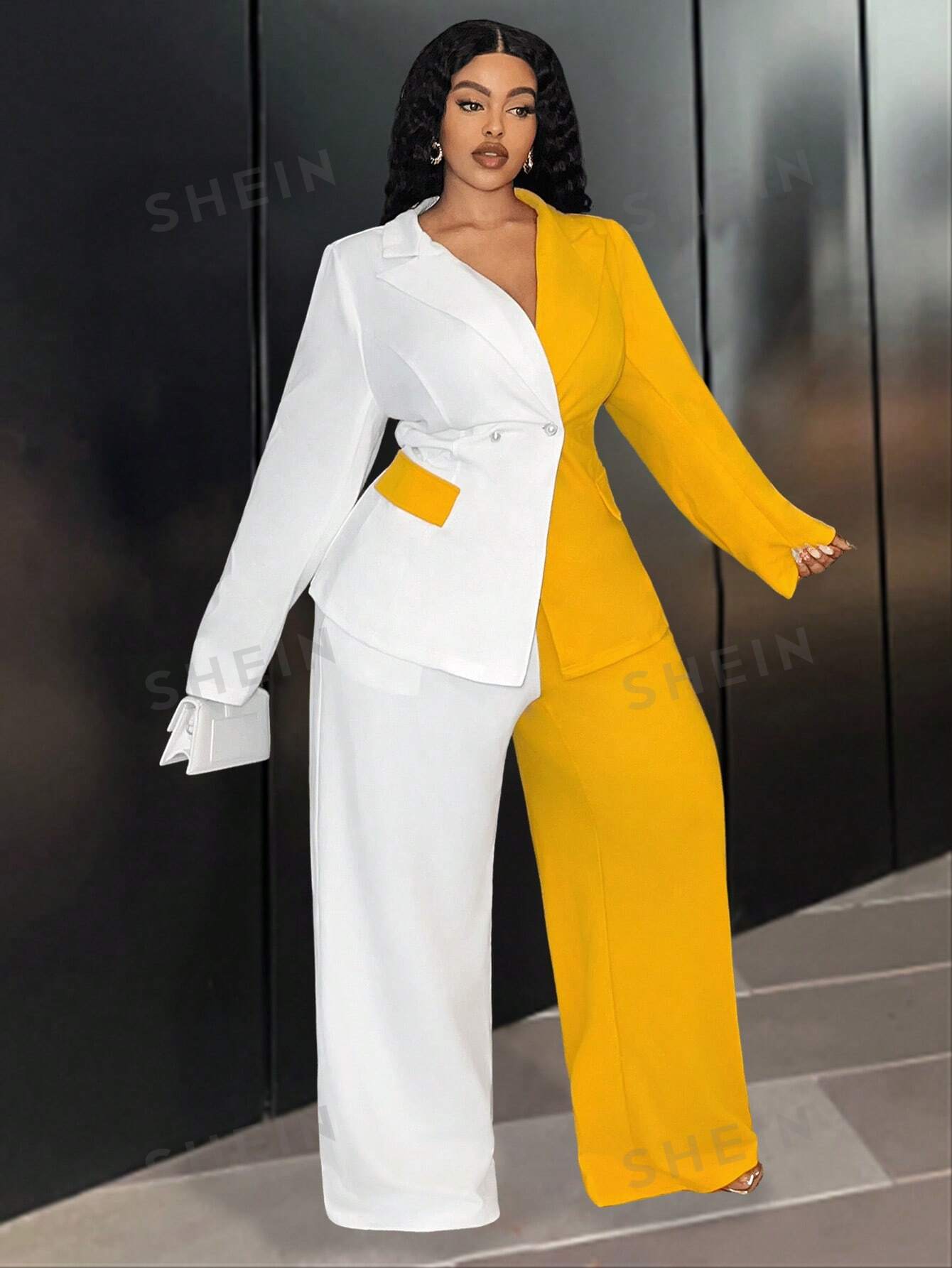 Slayr Elegant & Commuting & Party - White And Yellow Joint Regular Suit Jacket And Straight-Leg Pants Women's Plus Size Suit Set, Autumn-Winter Z