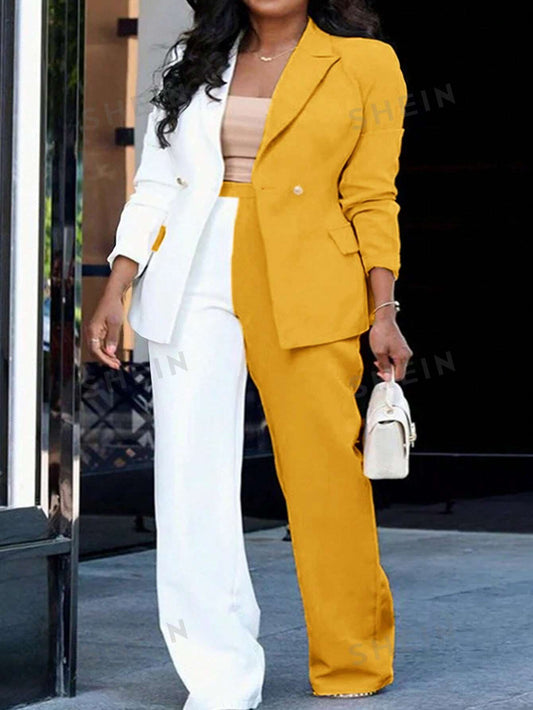 Slayr Elegant & Commuting & Party - White And Yellow Joint Regular Suit Jacket And Straight-Leg Pants Women's Plus Size Suit Set, Autumn-Winter Z