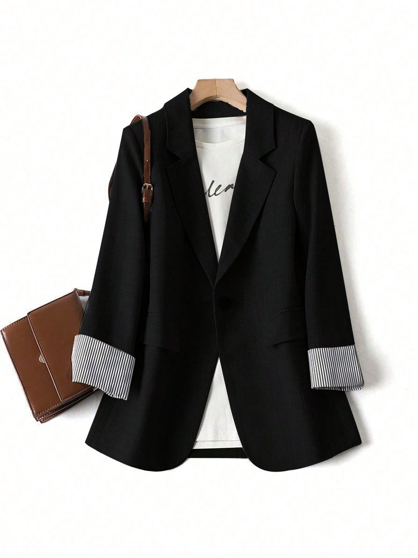 LUNE Grey Striped Patchwork Long Sleeve Lapel Women's Blazer