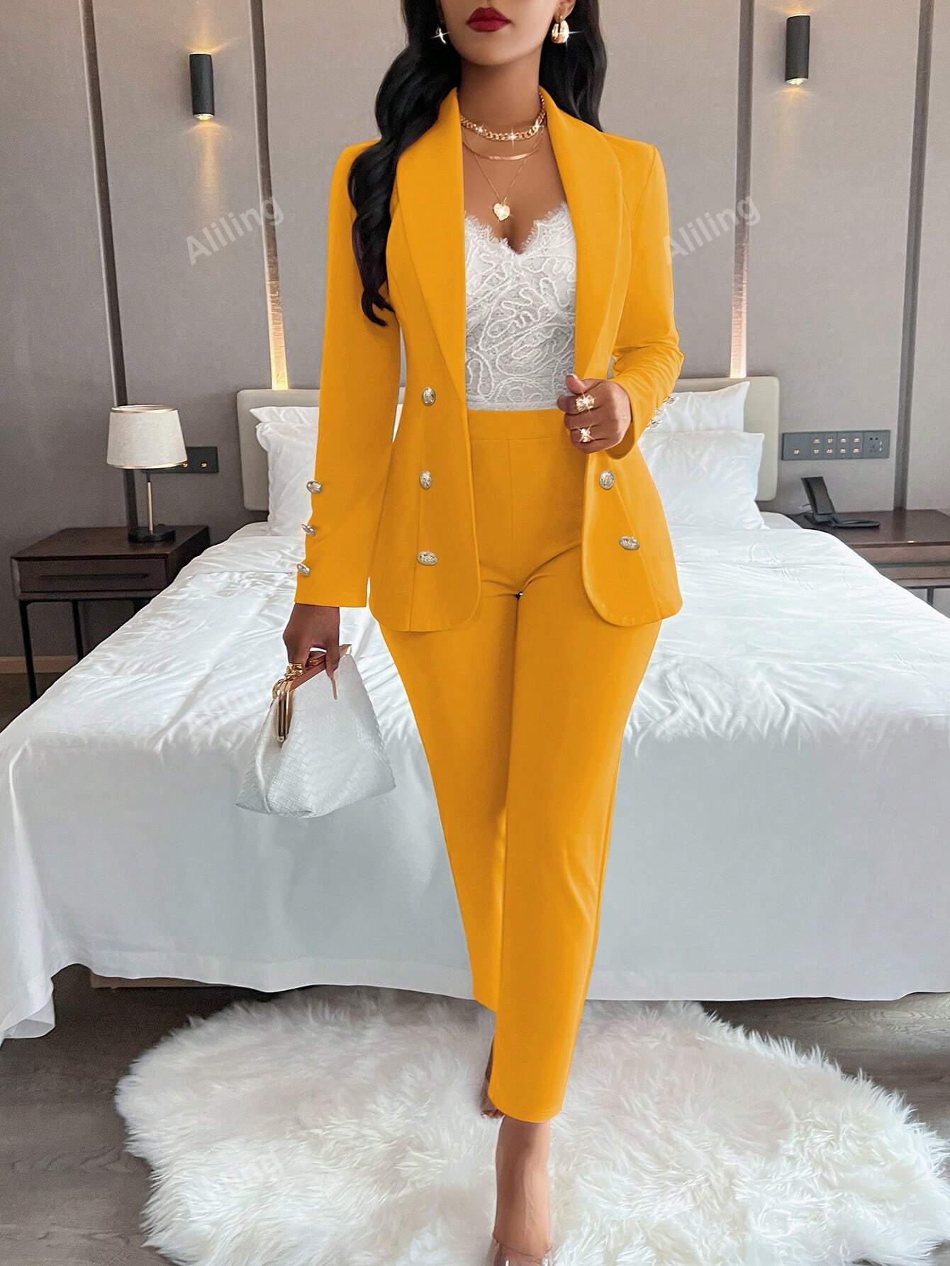 Women's Elegant Double-Breasted Metal Buttoned Suit Jacket And Pants