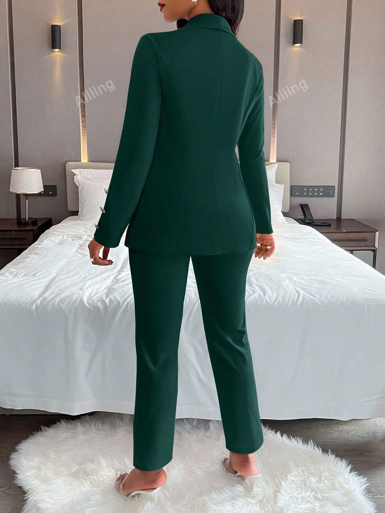 Women's Elegant Double-Breasted Metal Buttoned Suit Jacket And Pants