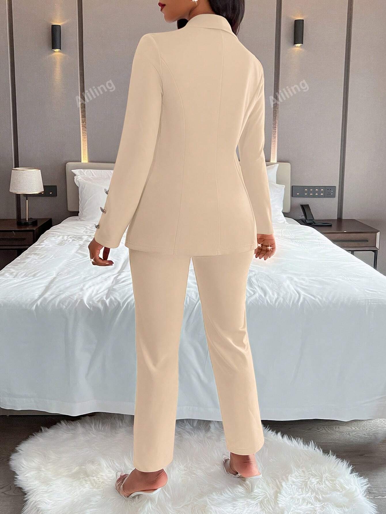 Women's Elegant Double-Breasted Metal Buttoned Suit Jacket And Pants