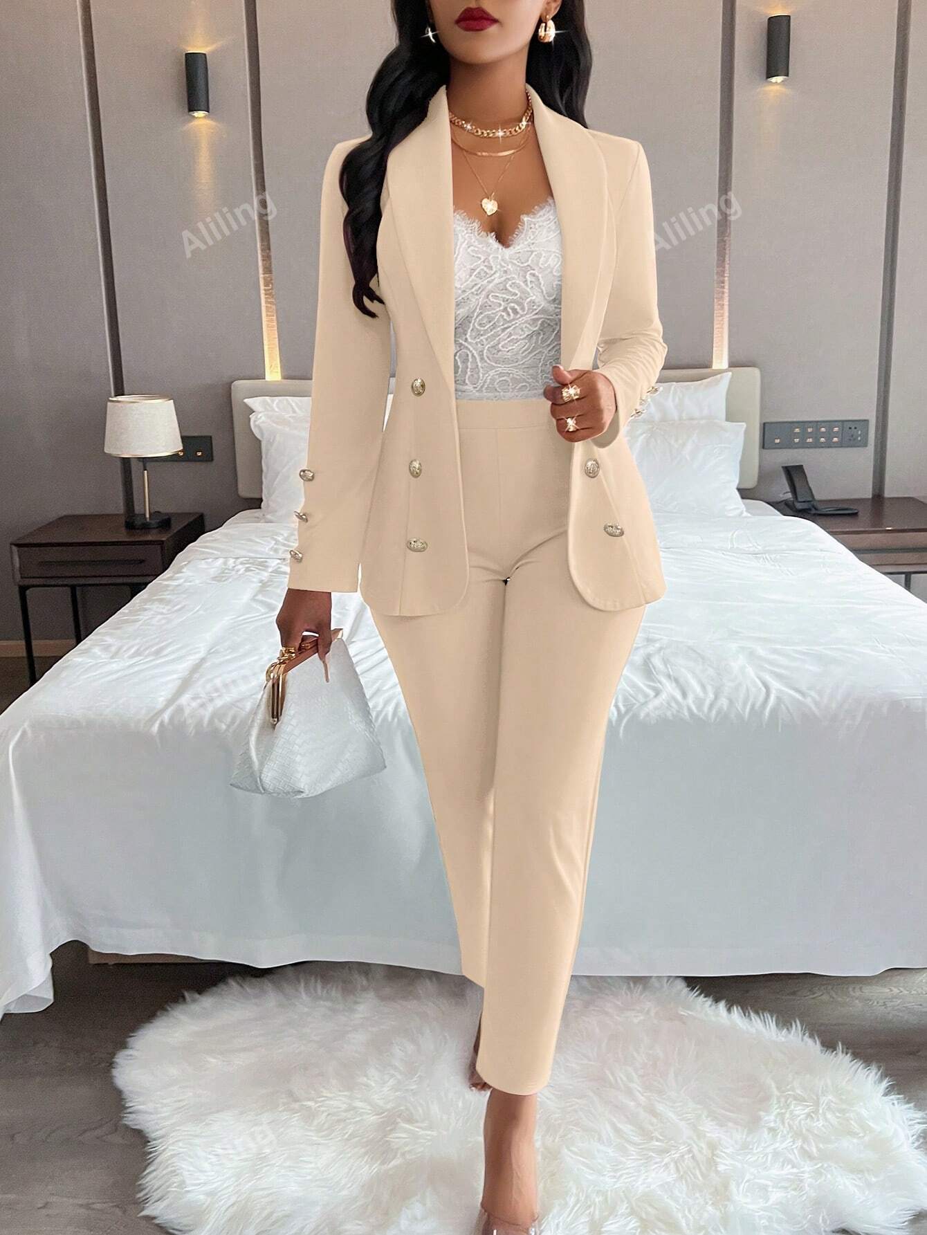 Women's Elegant Double-Breasted Metal Buttoned Suit Jacket And Pants