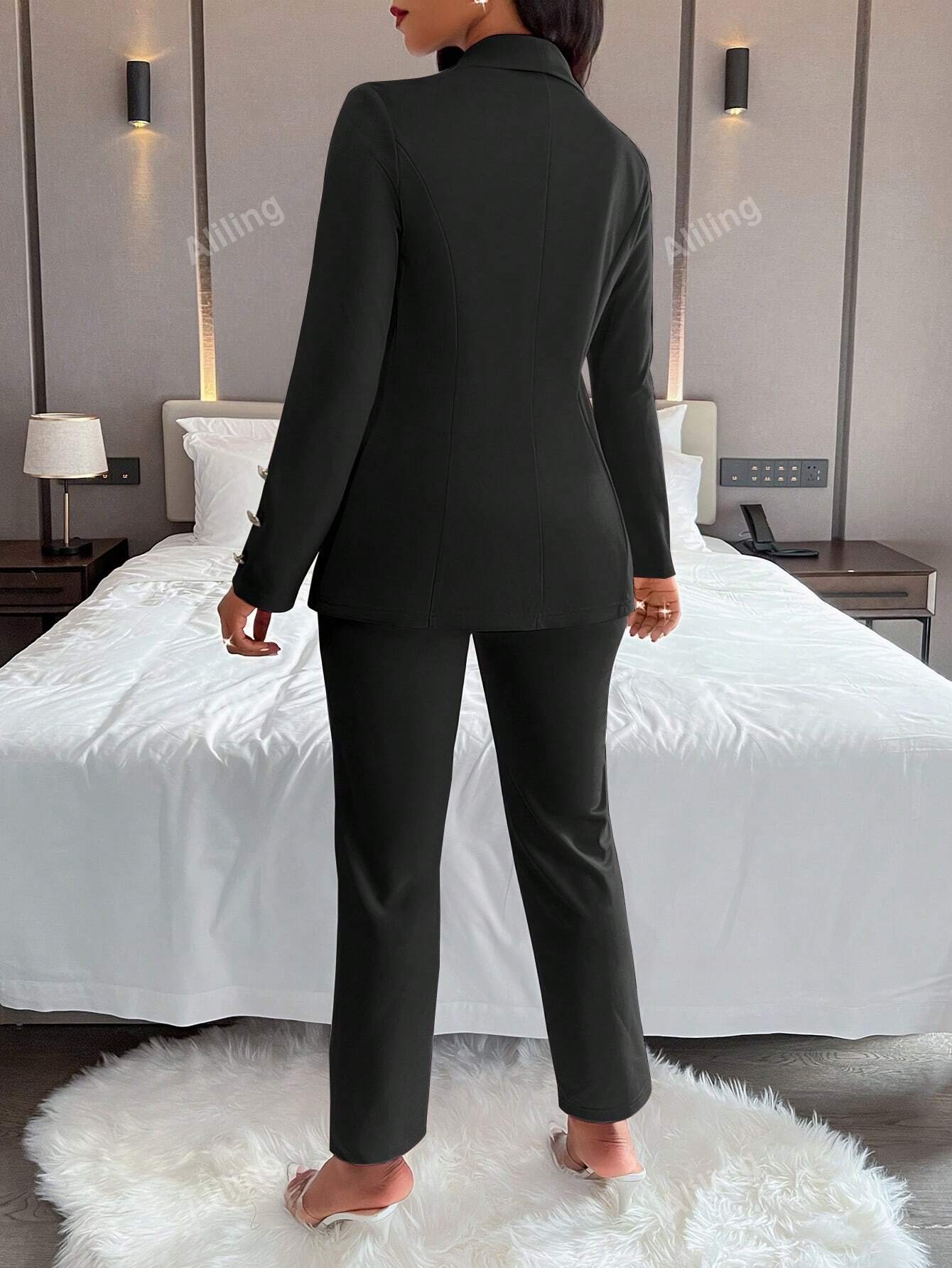 Women's Elegant Double-Breasted Metal Buttoned Suit Jacket And Pants