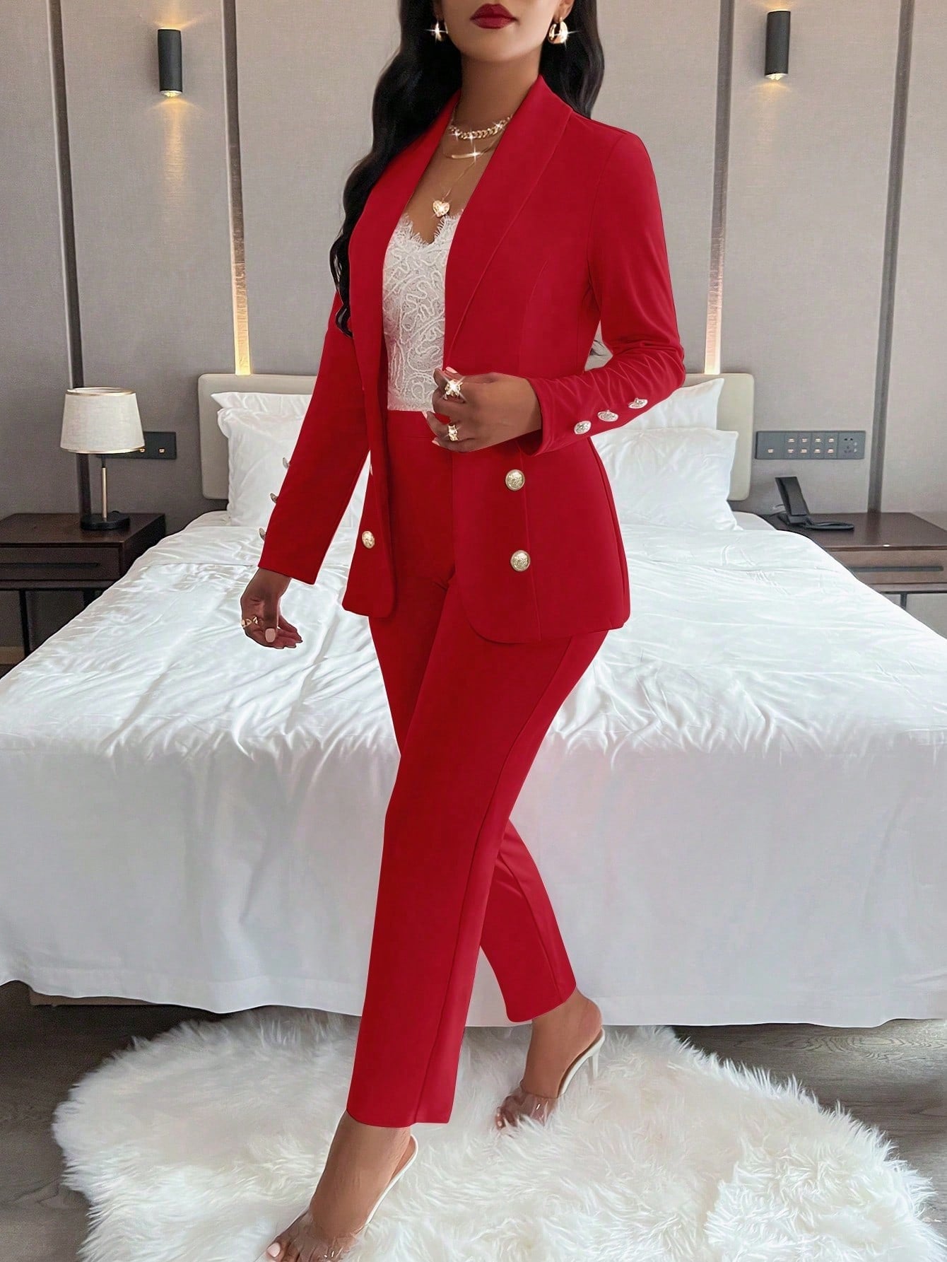 Women's Elegant Double-Breasted Metal Buttoned Suit Jacket And Pants