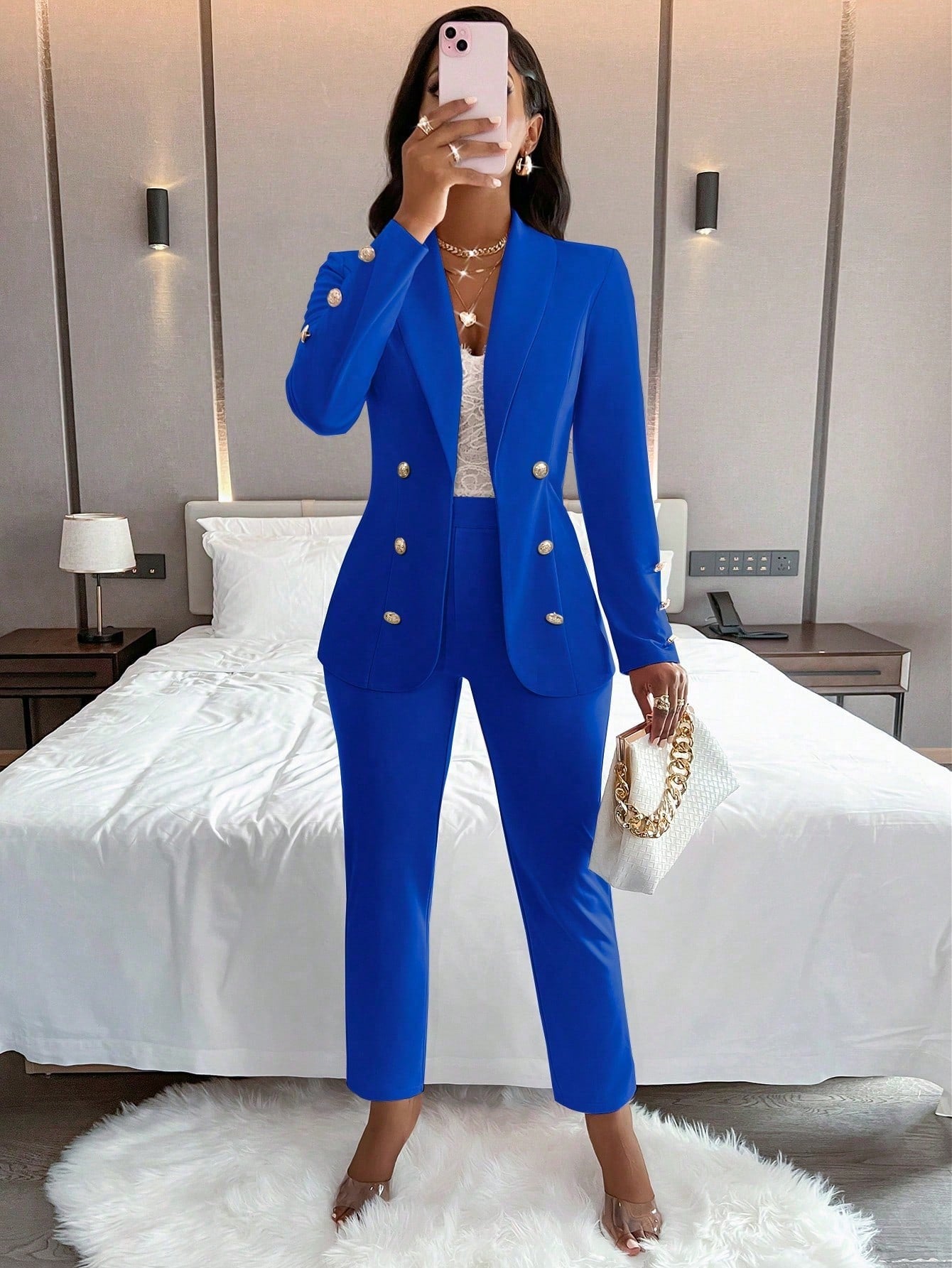 Women's Elegant Double-Breasted Metal Buttoned Suit Jacket And Pants