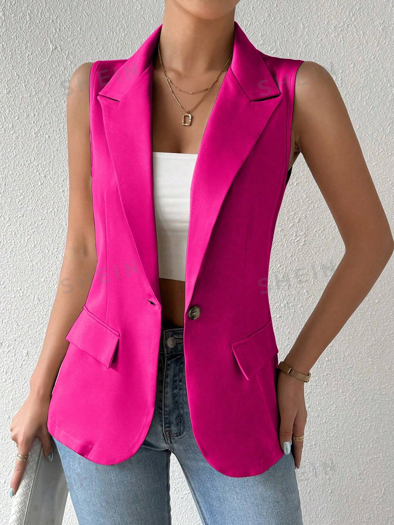 Frenchy Women's Spring Summer Sleeveless Blazer Jacket With One-Button Closure And Lapel Collar