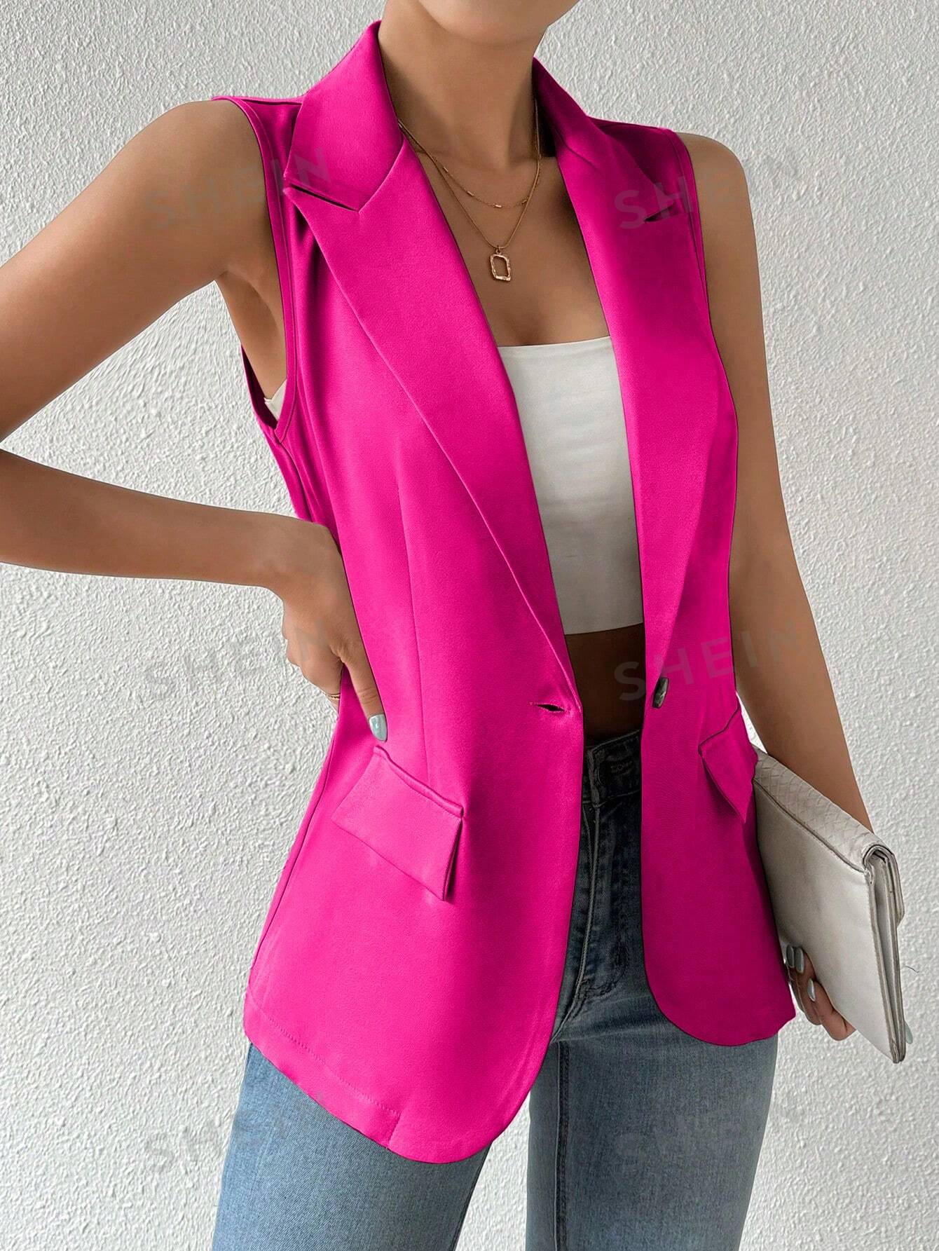 Frenchy Women's Spring Summer Sleeveless Blazer Jacket With One-Button Closure And Lapel Collar