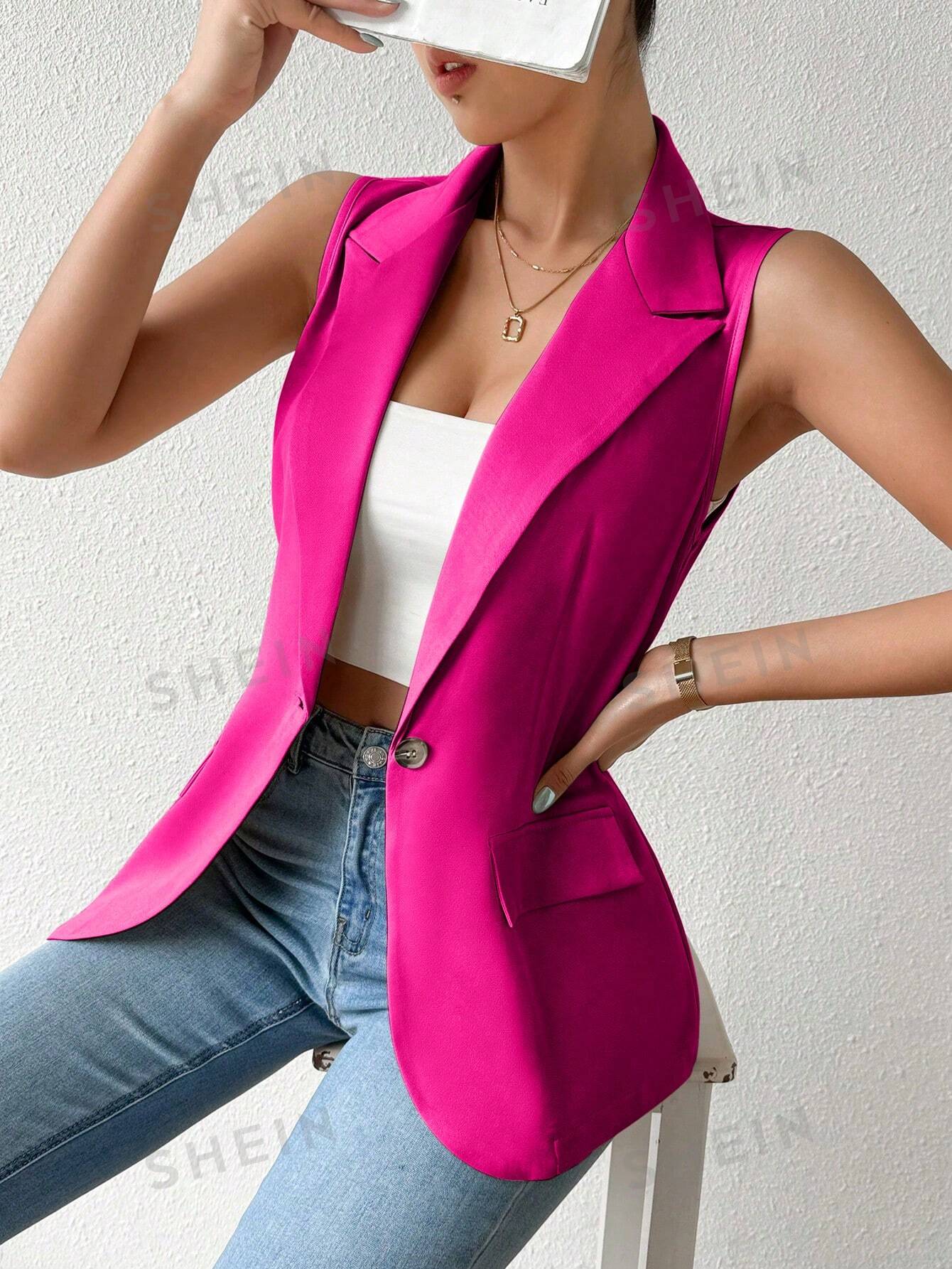 Frenchy Women's Spring Summer Sleeveless Blazer Jacket With One-Button Closure And Lapel Collar