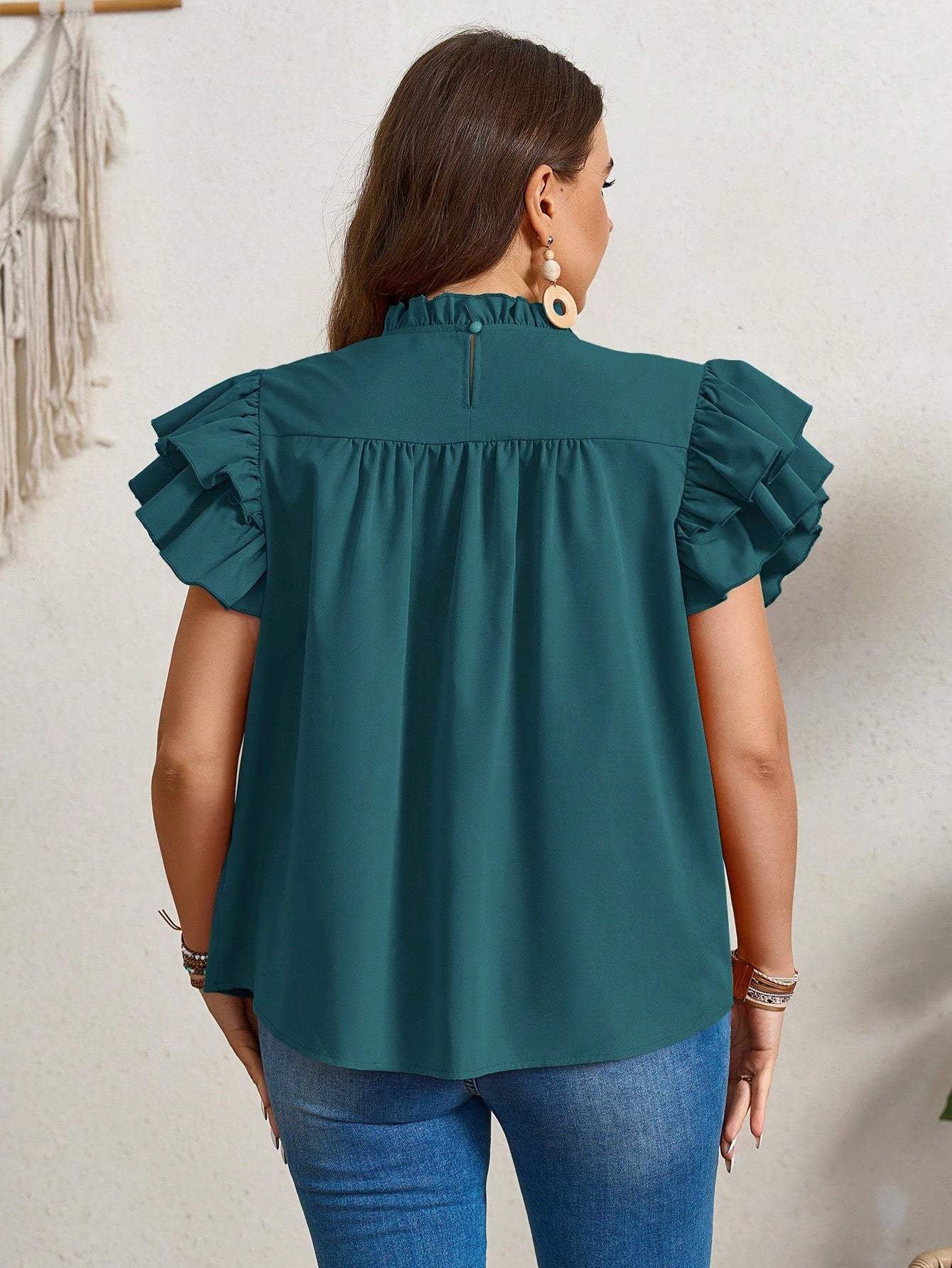 LUNE Plus Size Summer Casual Double Layered Orange Shirt With Ruffle Sleeves