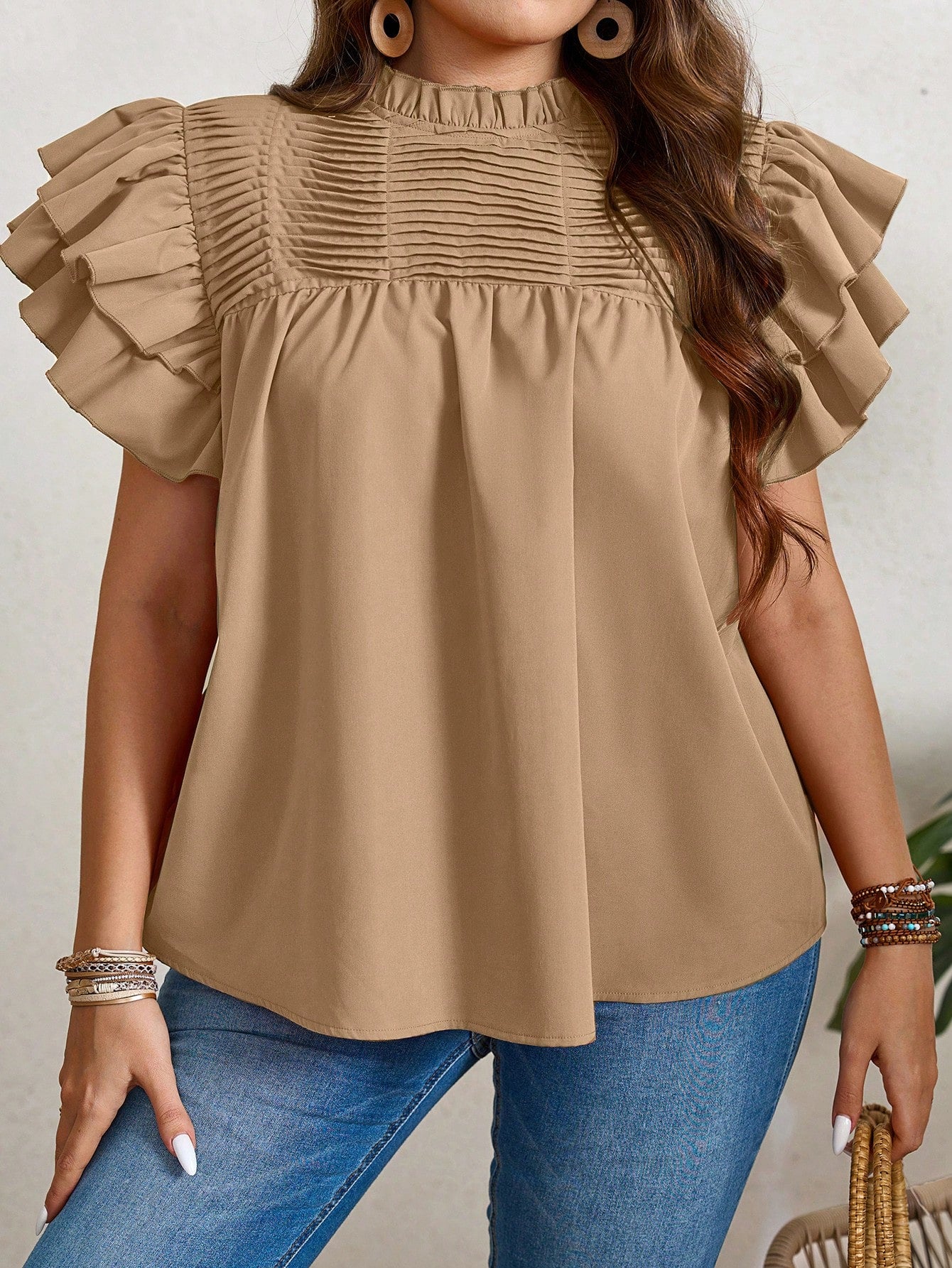 LUNE Plus Size Summer Casual Double Layered Orange Shirt With Ruffle Sleeves