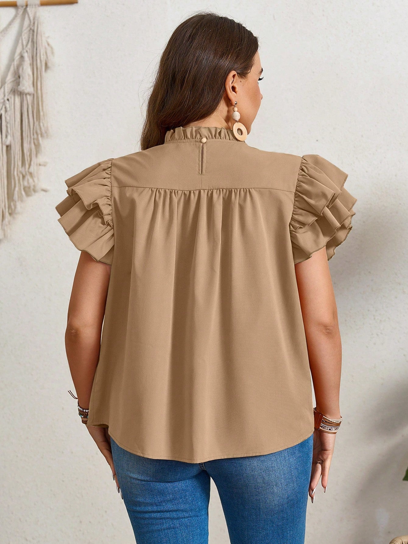 LUNE Plus Size Summer Casual Double Layered Orange Shirt With Ruffle Sleeves