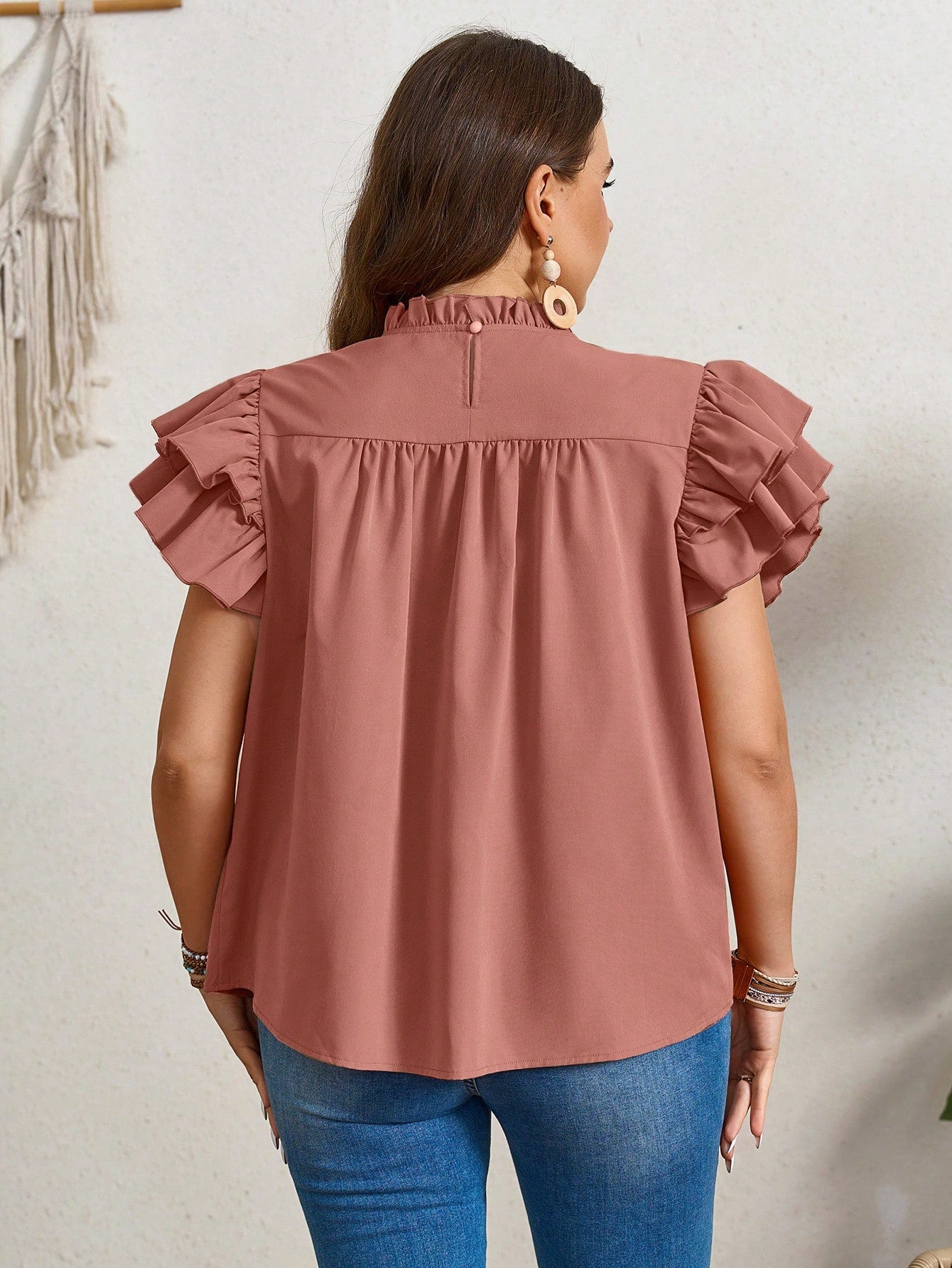 LUNE Plus Size Summer Casual Double Layered Orange Shirt With Ruffle Sleeves