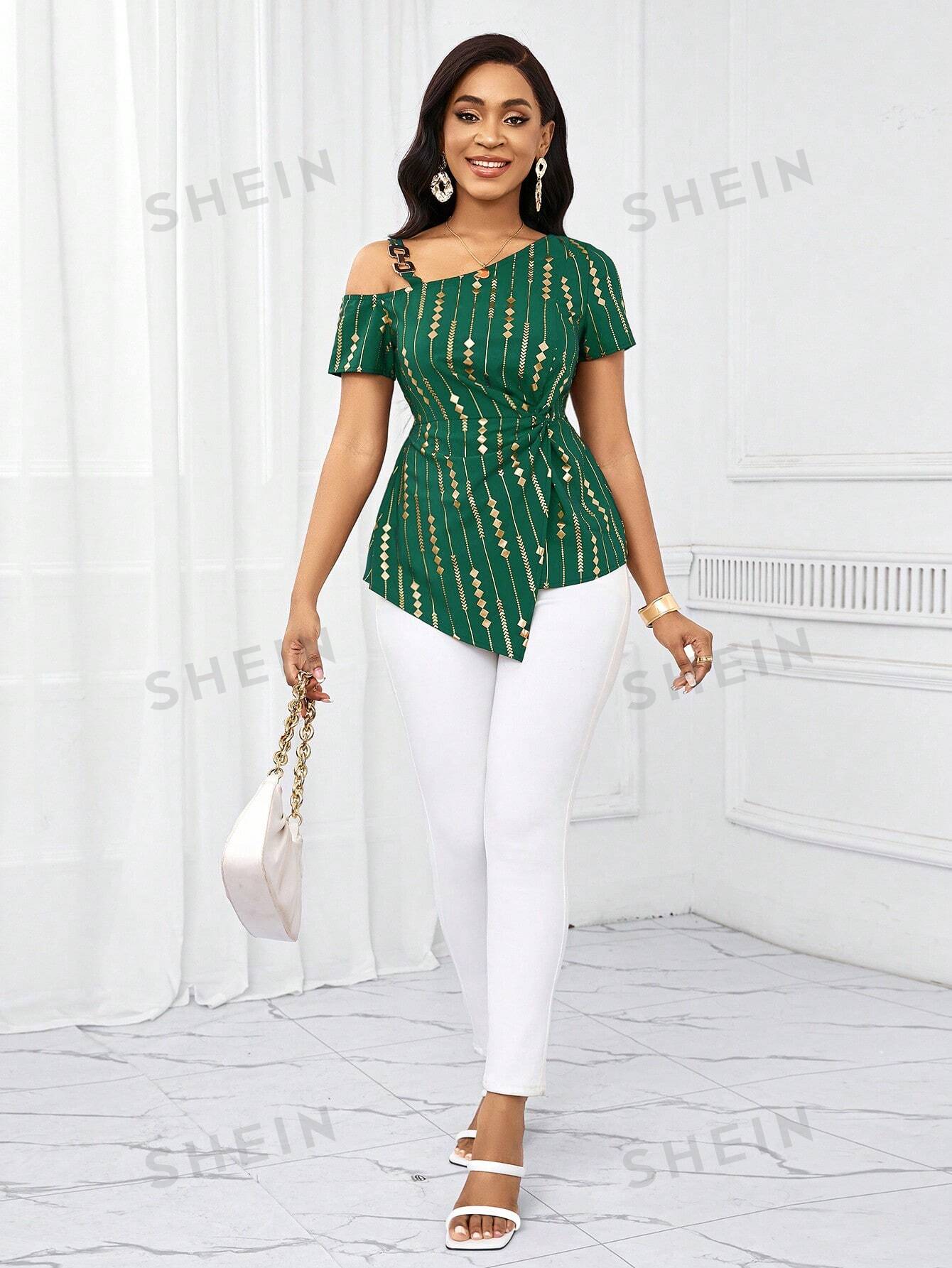 Lady Women's Asymmetrical Hem Twist Metallic Button Blouse