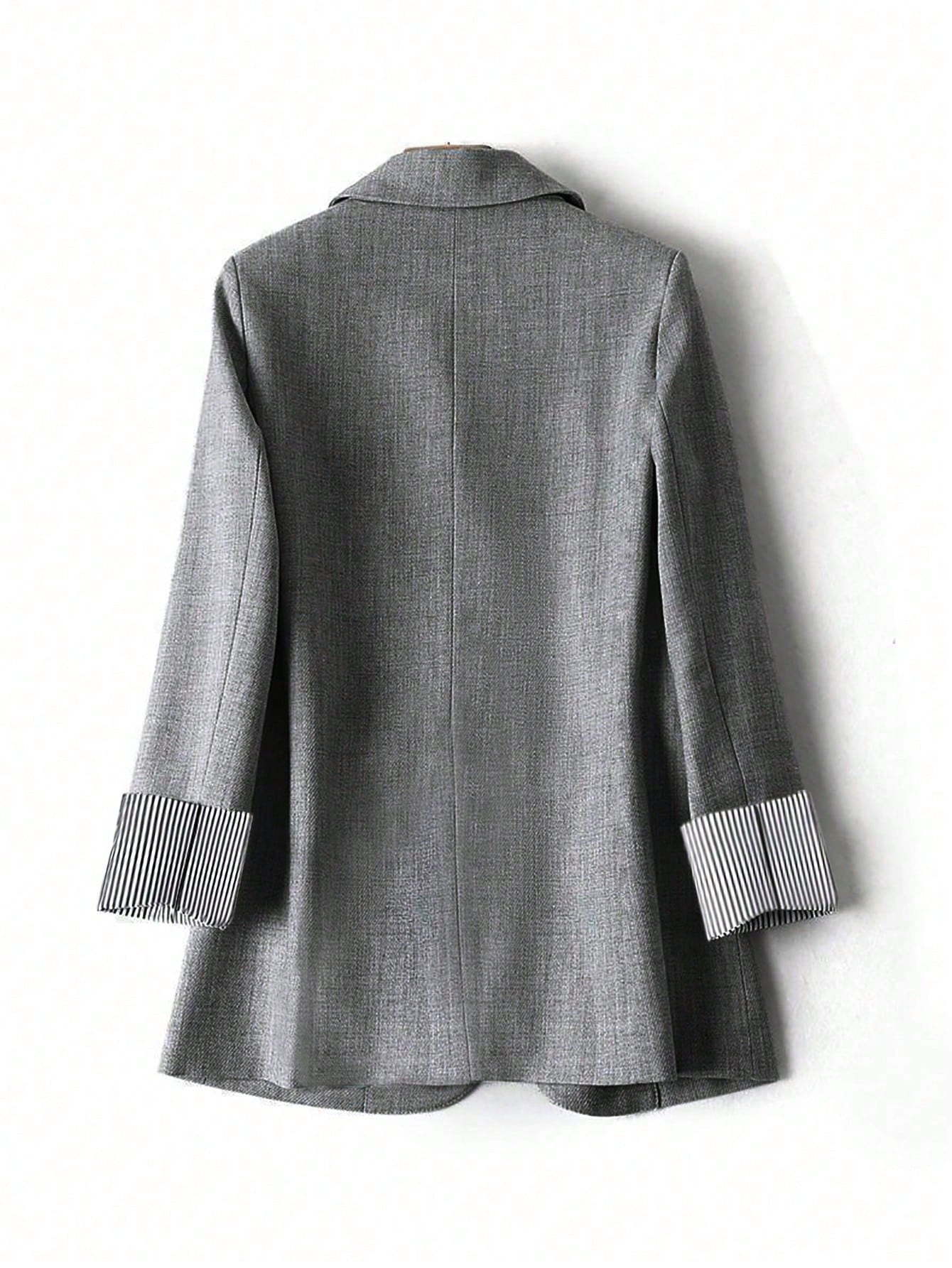 LUNE Grey Striped Patchwork Long Sleeve Lapel Women's Blazer