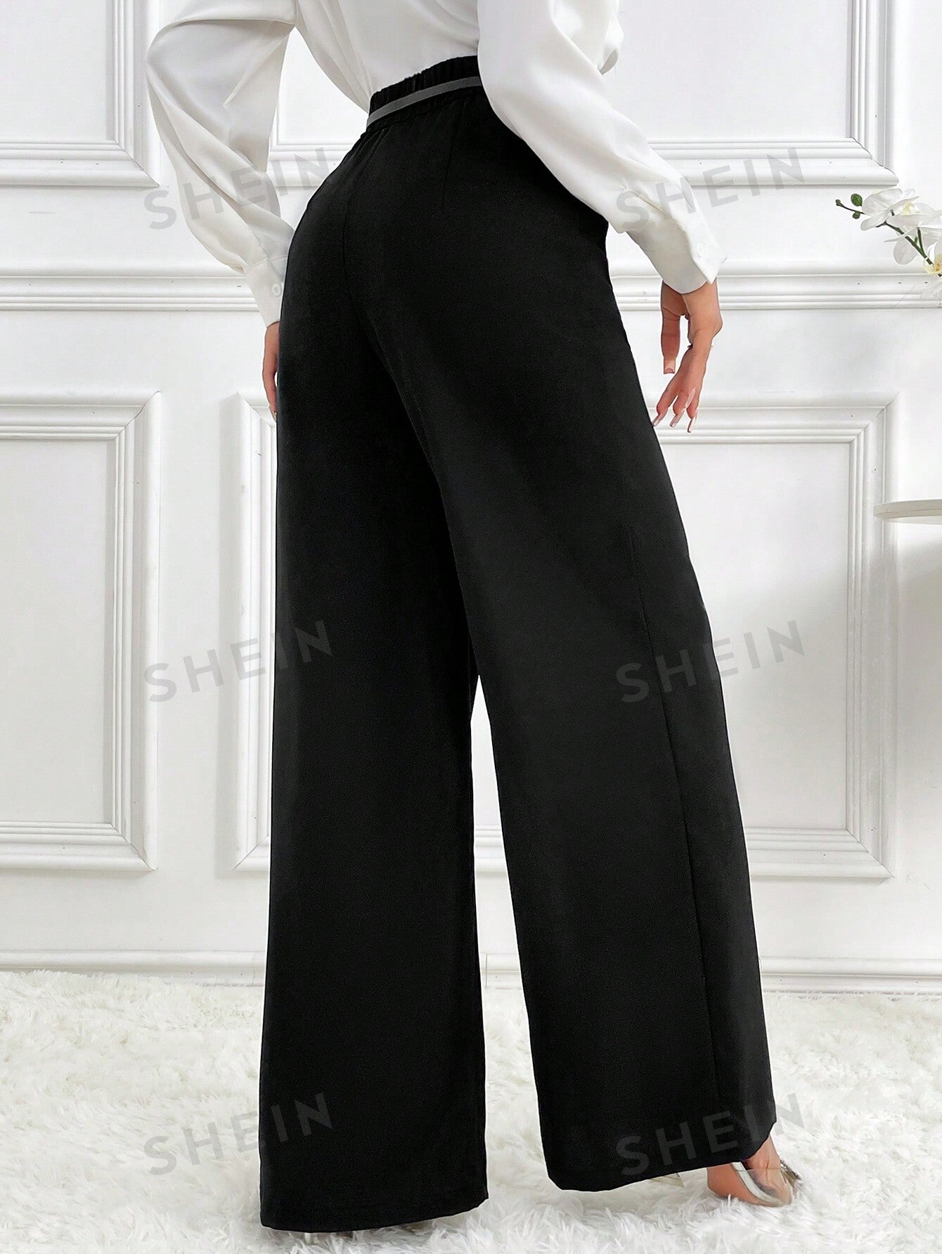 Modely Women's Solid High Waist Wide Leg Loose Casual Office Trousers