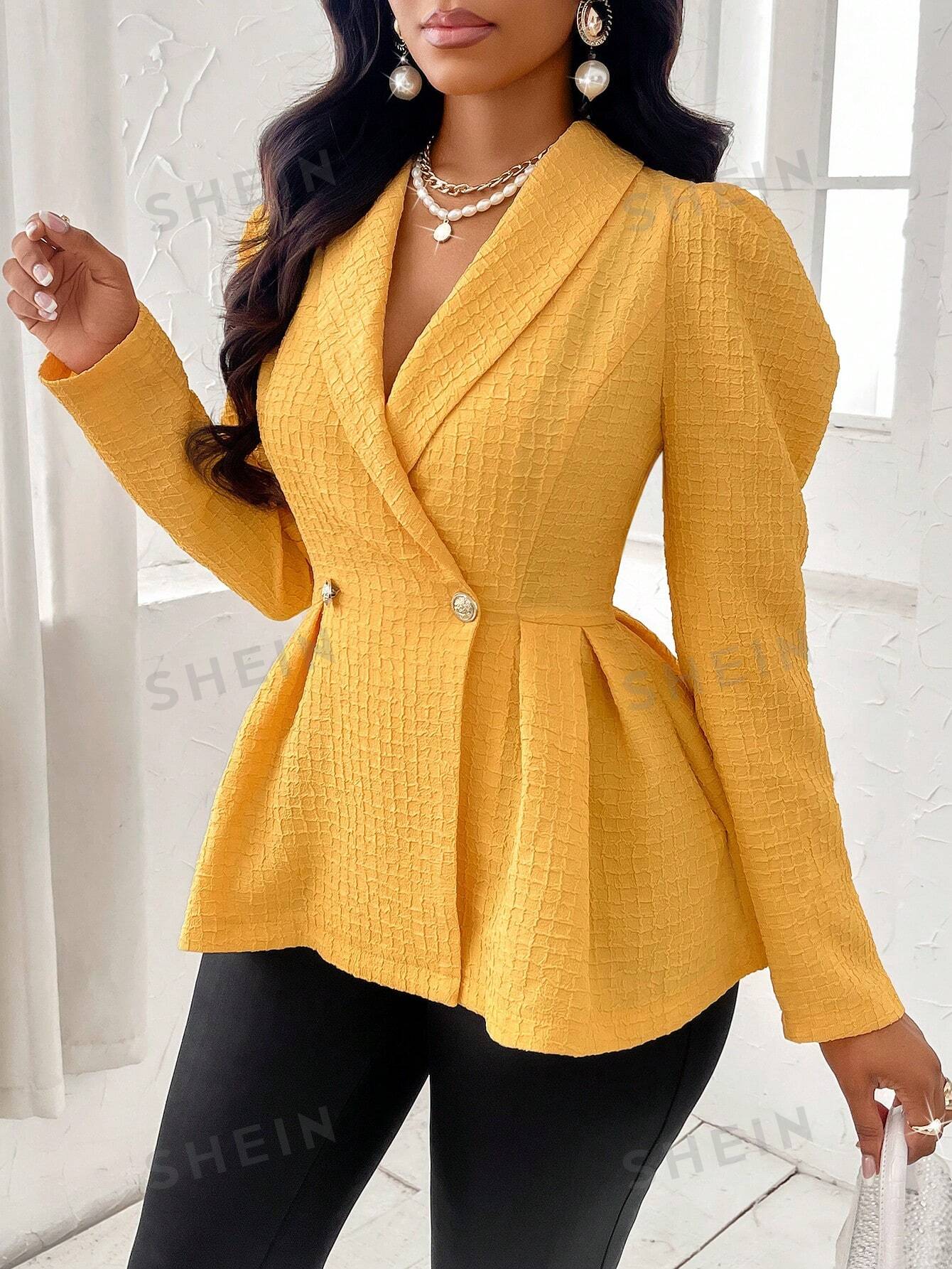 Slayr Solid Color Commuting Asymmetrical Hem Frilled Lady Double Breasted Blazer