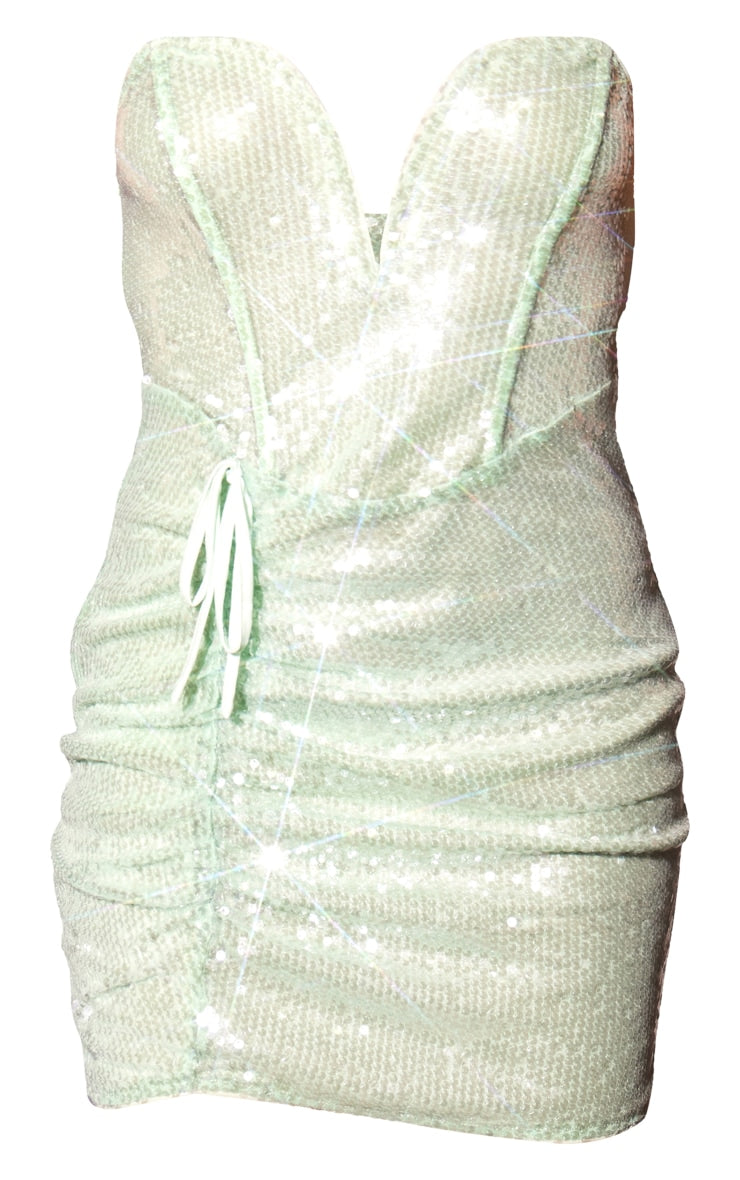 Mint Sheer Sequin V Bar Ruched Bodycon Dress