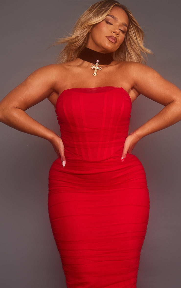 Shape Red Mesh Corset Bandeau Maxi Dress