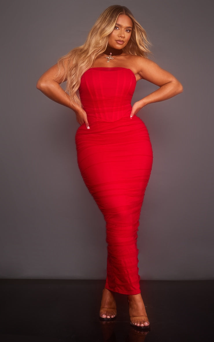 Shape Red Mesh Corset Bandeau Maxi Dress