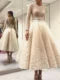 Elegant Bige Color Unique Lace Cocktail Dresses Full Sleeves V-Back Tea-Length Prom Gowns Robe De Soiree Champagne Party Dresses