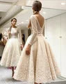 Elegant Bige Color Unique Lace Cocktail Dresses Full Sleeves V-Back Tea-Length Prom Gowns Robe De Soiree Champagne Party Dresses