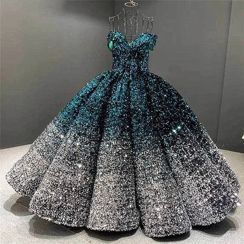 Sequin Prom Dress Handmade Luxury For Wedding Ball Gown Off Shoulder V-neck Real Pictures Evening Dresses vestidos de noite