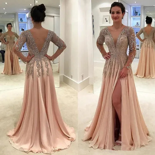 Gorgeous Crystals Backless Evening Dresses Deep V Neck Beaded Prom Gowns Floor Length A Line Chiffon Split Side свадебное платье