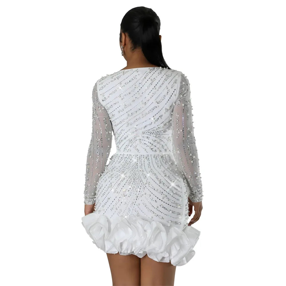 Women Dress Diamonds and  Ruffles Mini Dresses